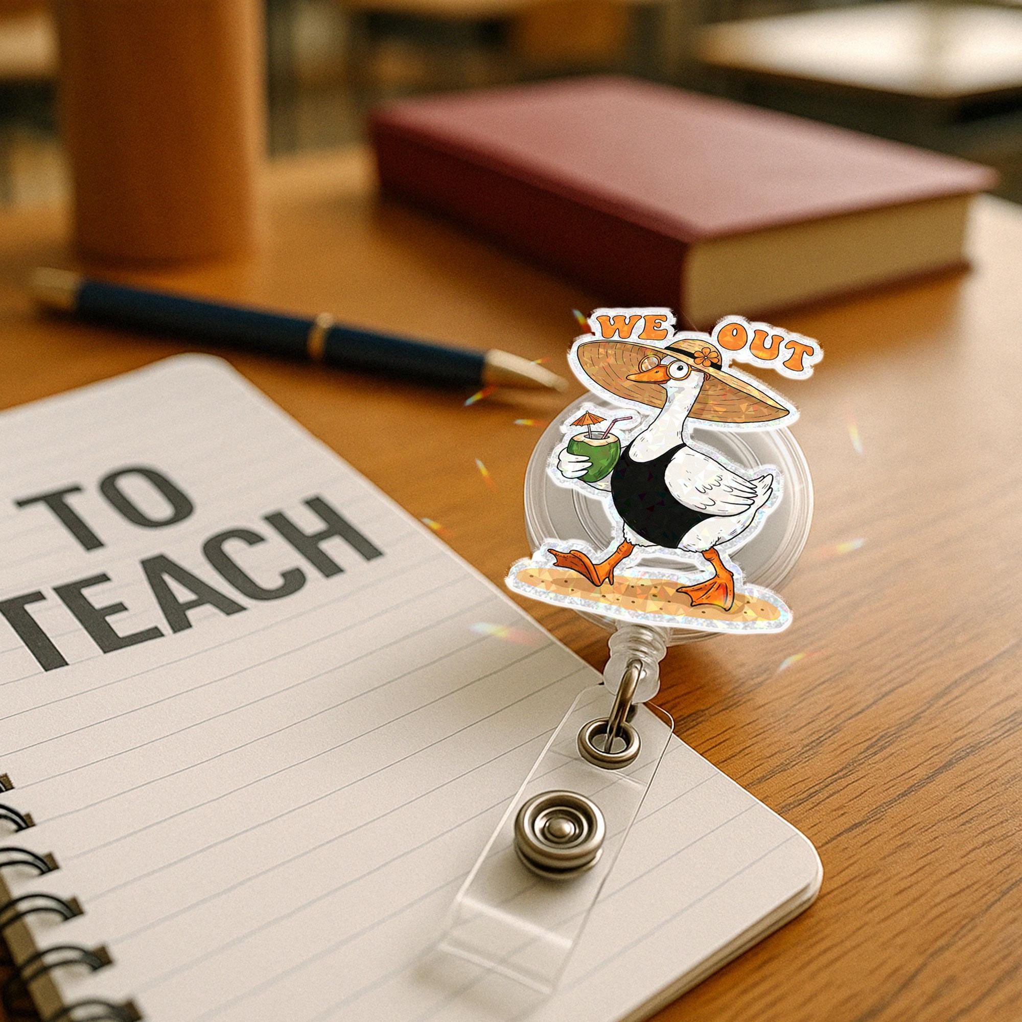 Funny Teacher Summer Badge Reel, We Out Silly Goose ID Clip, School’s Out Gift, Beach Vacation Badge Holder for Educators