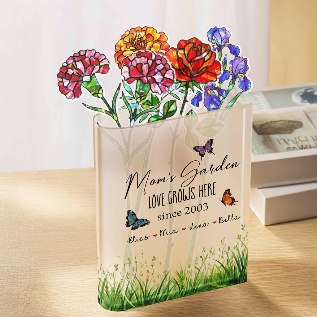 Custom Mom's Garden Acrylic Holographic Birth Flowers & Acrylic Book Vase with Names – Hologram Floral Mother's Day Gift for Mom or Grandma