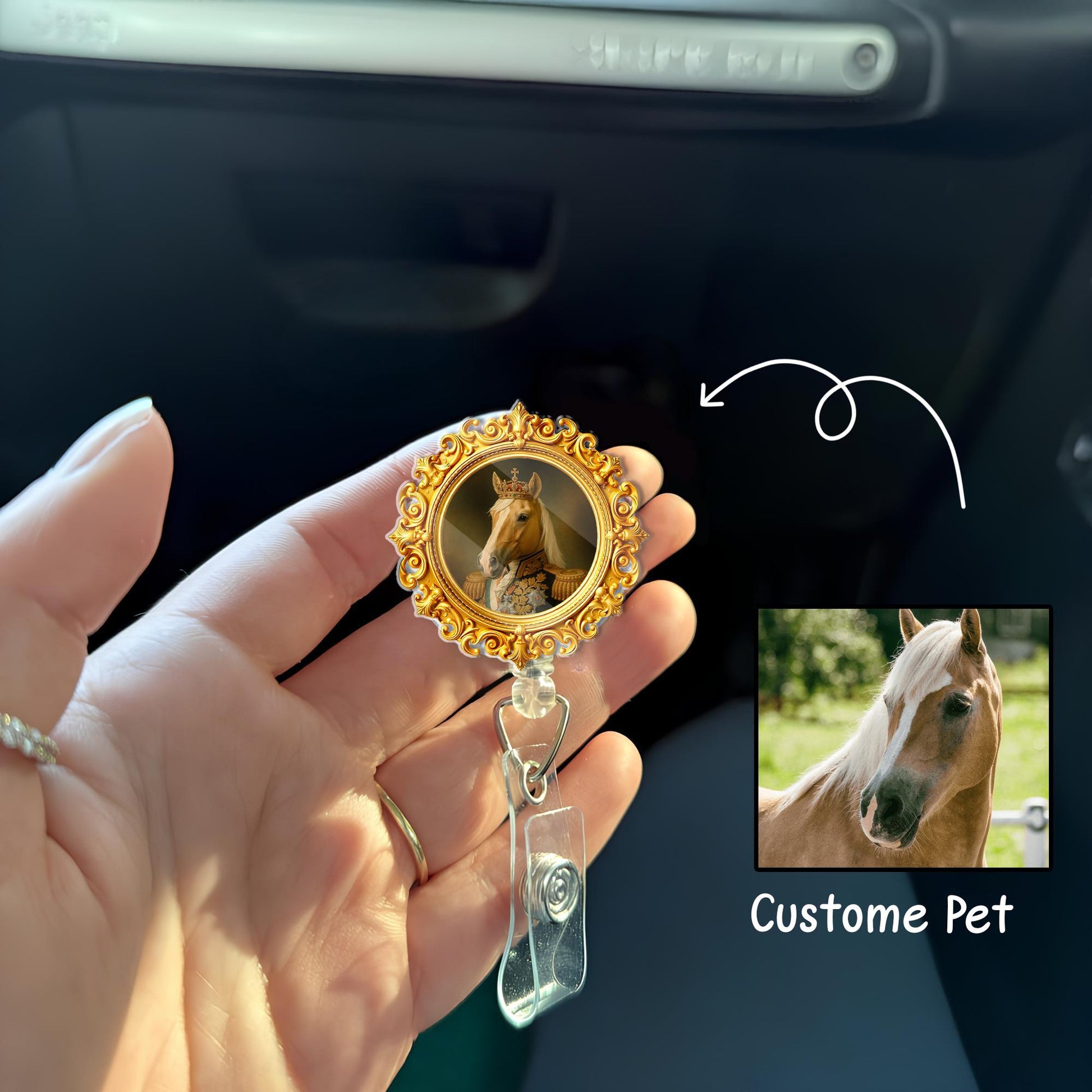 Custom Regal Pet Portrait Badge Reel – Vintage Frame ID Holder with Pet Photo in Victorian Royal Style – Mother’s Day Gift, Royal pet badge