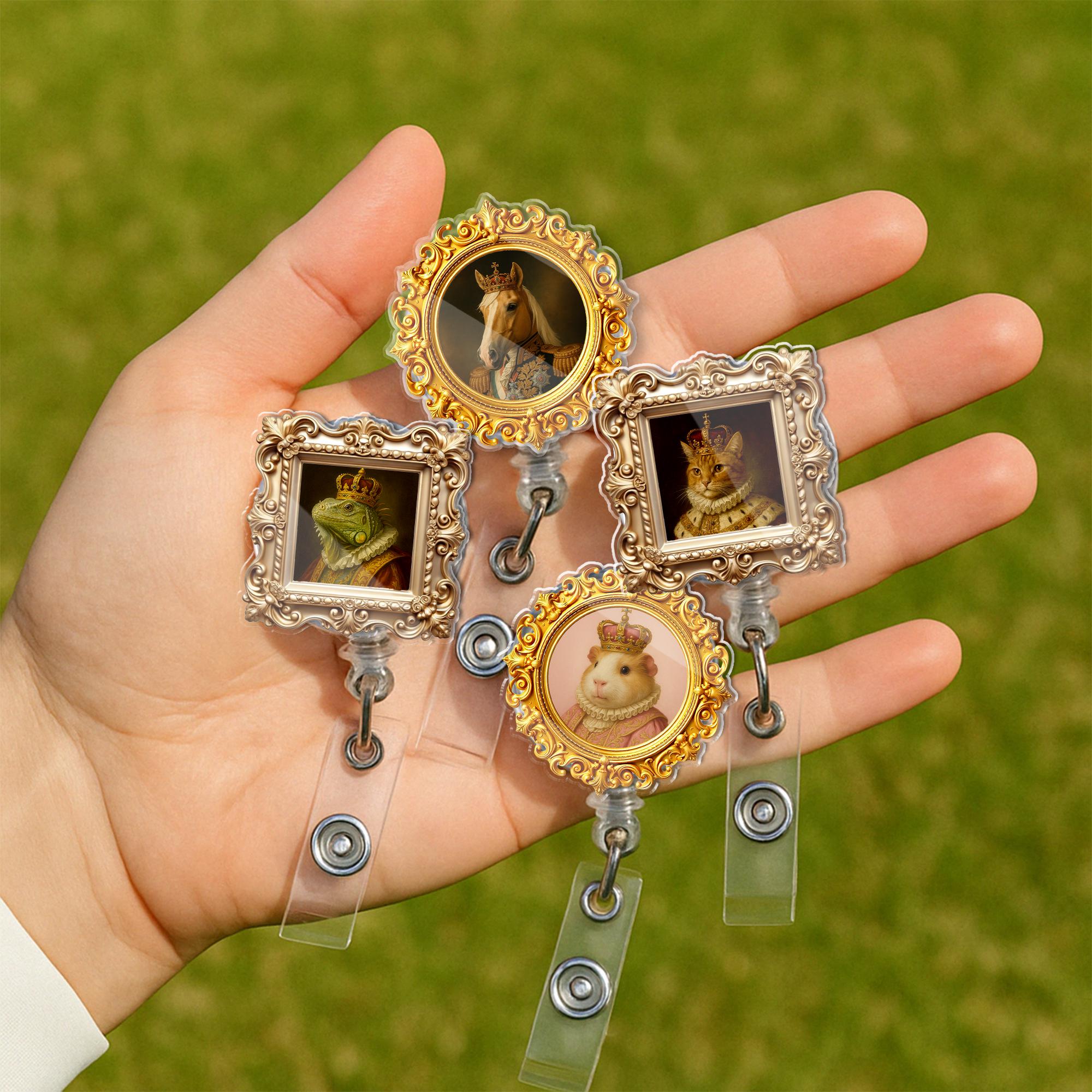 Custom Regal Pet Portrait Badge Reel – Vintage Frame ID Holder with Pet Photo in Victorian Royal Style – Mother’s Day Gift, Royal pet badge