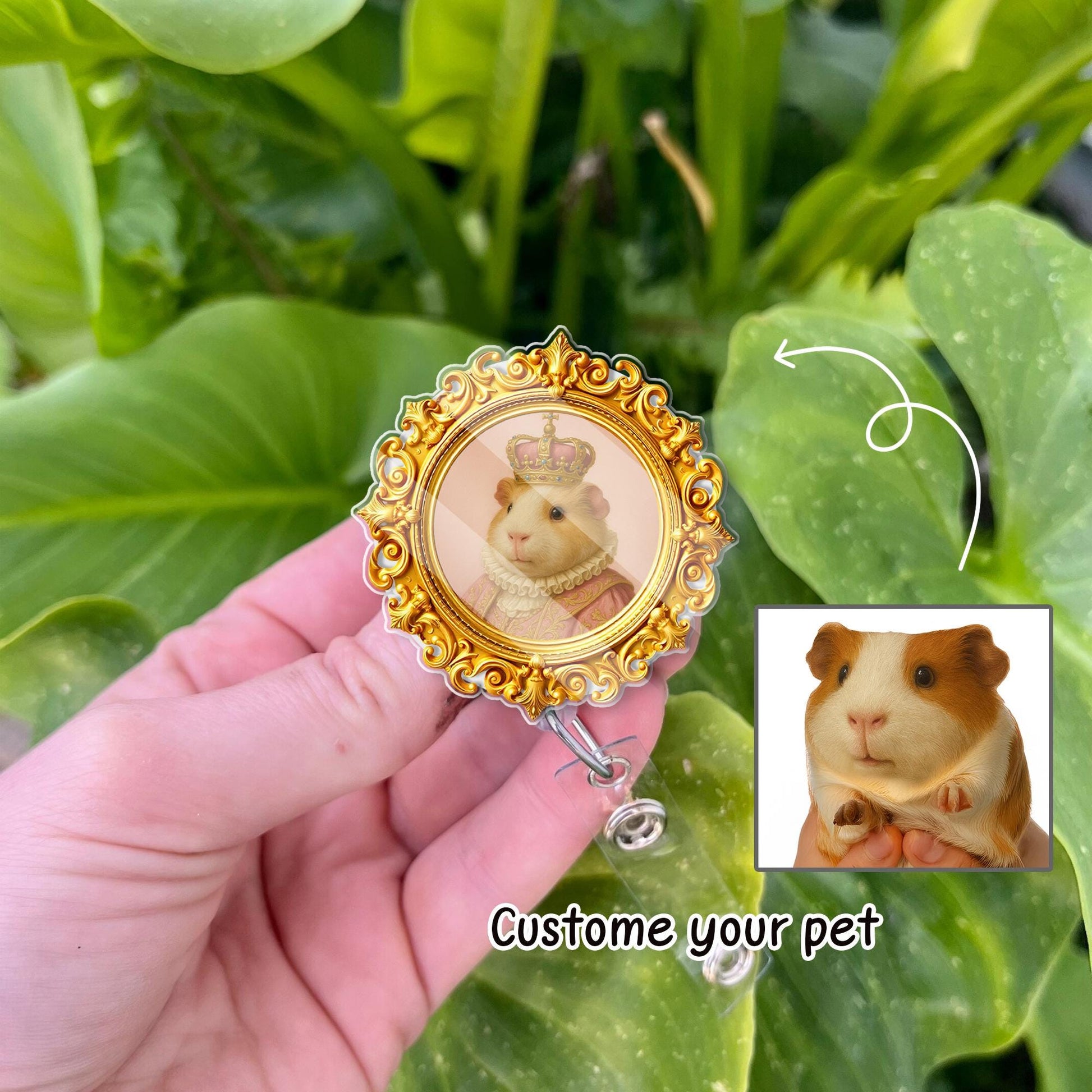 Custom Regal Pet Portrait Badge Reel – Vintage Frame ID Holder with Pet Photo in Victorian Royal Style – Mother’s Day Gift, Royal pet badge