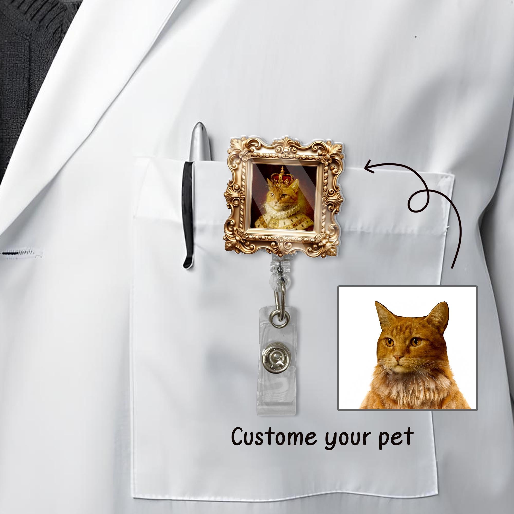 Custom Regal Pet Portrait Badge Reel – Vintage Frame ID Holder with Pet Photo in Victorian Royal Style – Mother’s Day Gift, Royal pet badge