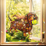 Dachshund Dog with Tennis Ball Acrylic Window Hanging Ornament, Pet Lover Gift, Colorful Weiner Dog Decor, Pet Lover Home Decor Art