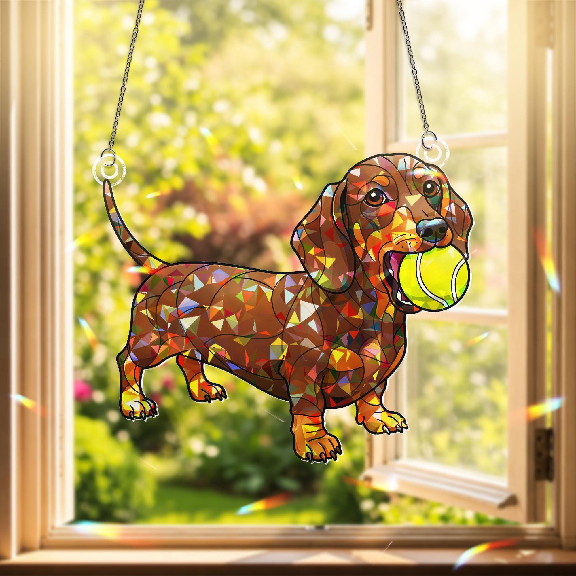 Dachshund Dog with Tennis Ball Acrylic Window Hanging Ornament, Pet Lover Gift, Colorful Weiner Dog Decor, Pet Lover Home Decor Art