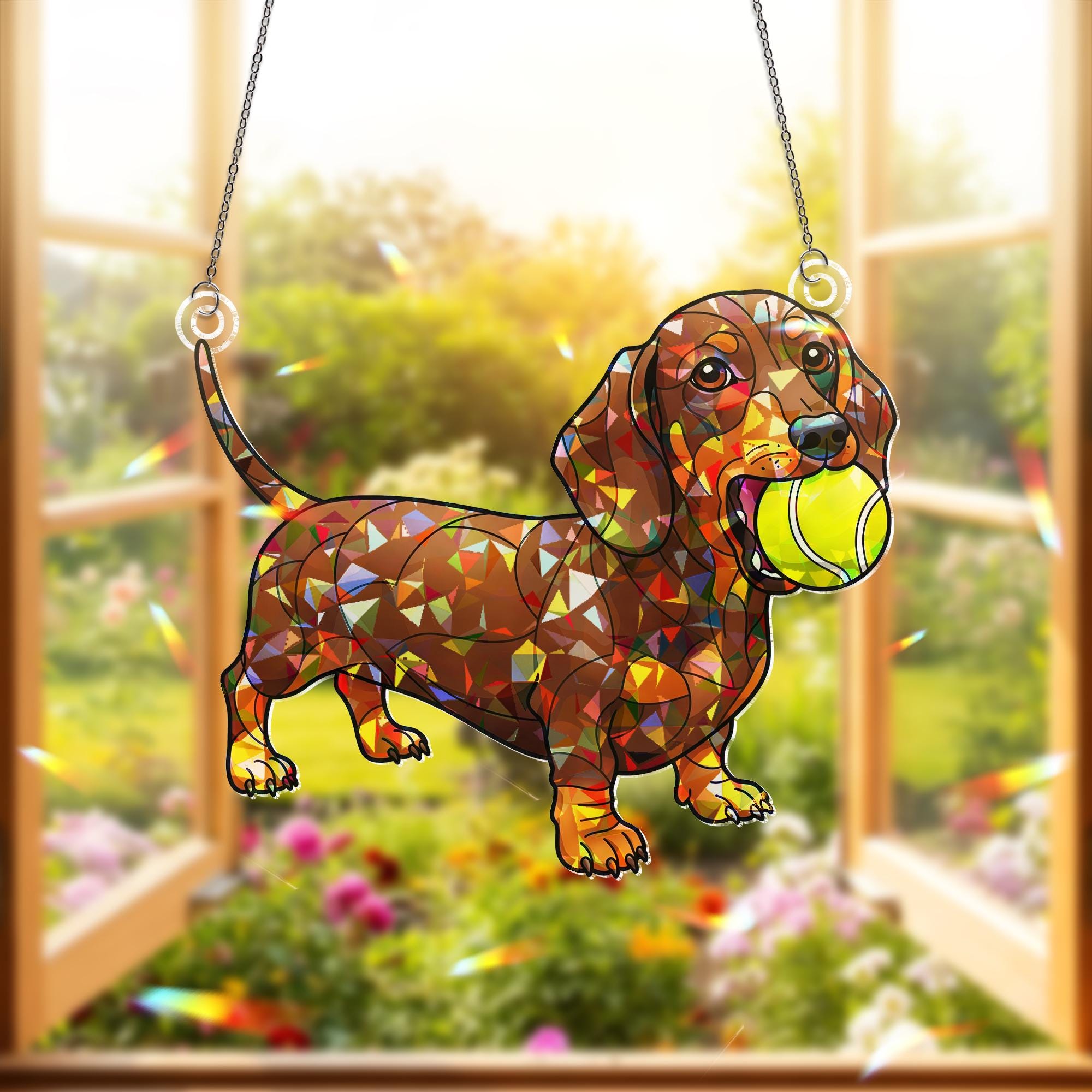Dachshund Dog with Tennis Ball Acrylic Window Hanging Ornament, Pet Lover Gift, Colorful Weiner Dog Decor, Pet Lover Home Decor Art