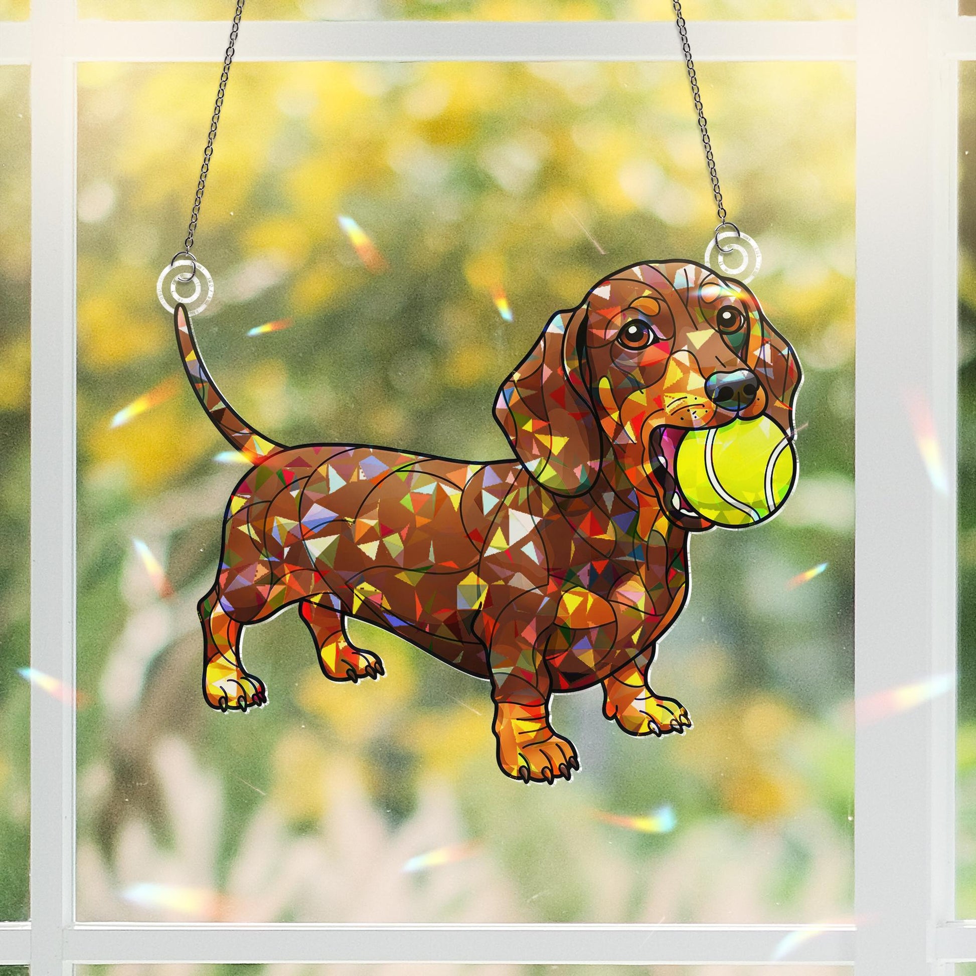 Dachshund Dog with Tennis Ball Acrylic Window Hanging Ornament, Pet Lover Gift, Colorful Weiner Dog Decor, Pet Lover Home Decor Art