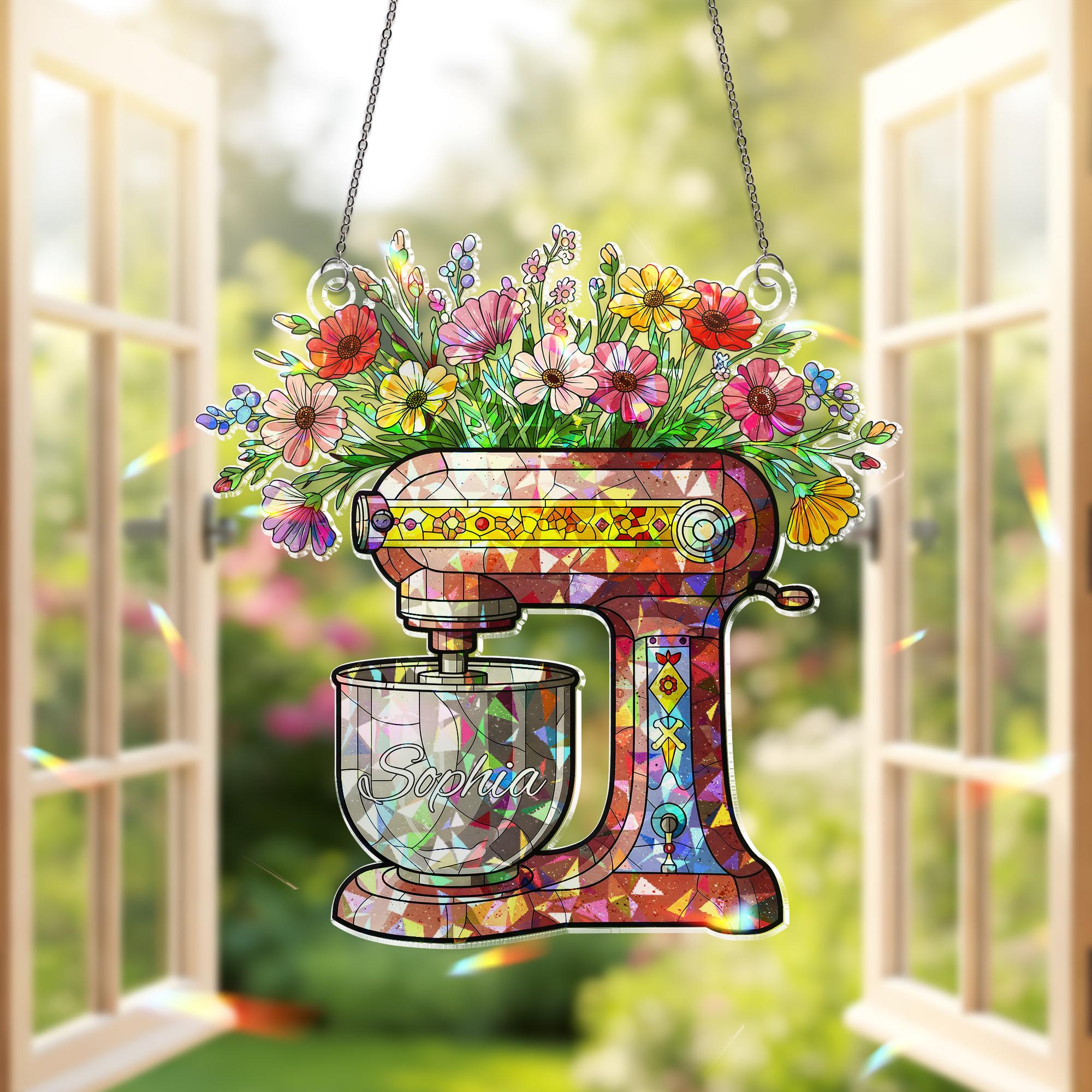Personalized Mixer & Flowers Acrylic Window Hanging Ornament, Custom Name Kitchen Decor, Unique Baker Gift Idea, Mom Grandma Gift