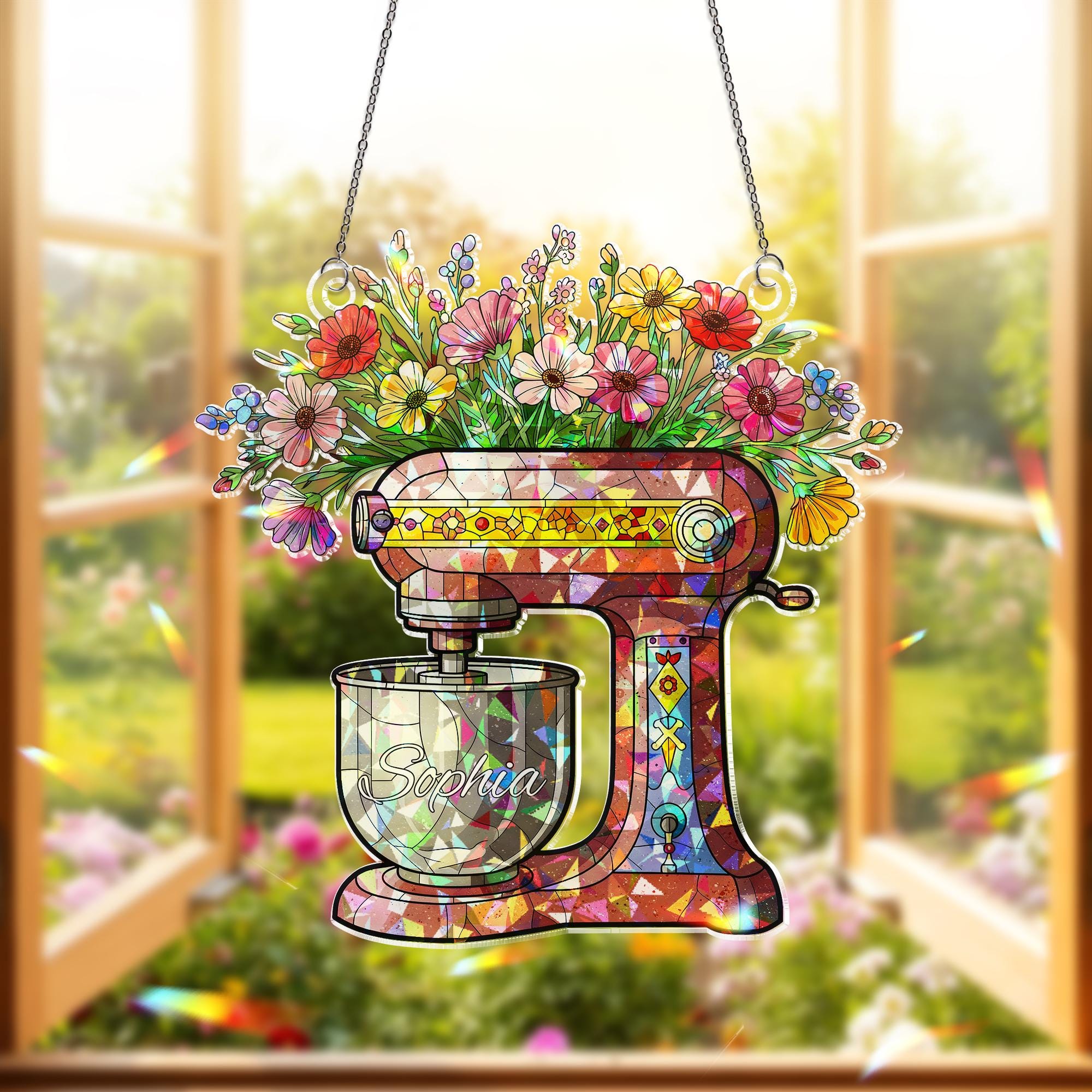 Personalized Mixer & Flowers Acrylic Window Hanging Ornament, Custom Name Kitchen Decor, Unique Baker Gift Idea, Mom Grandma Gift