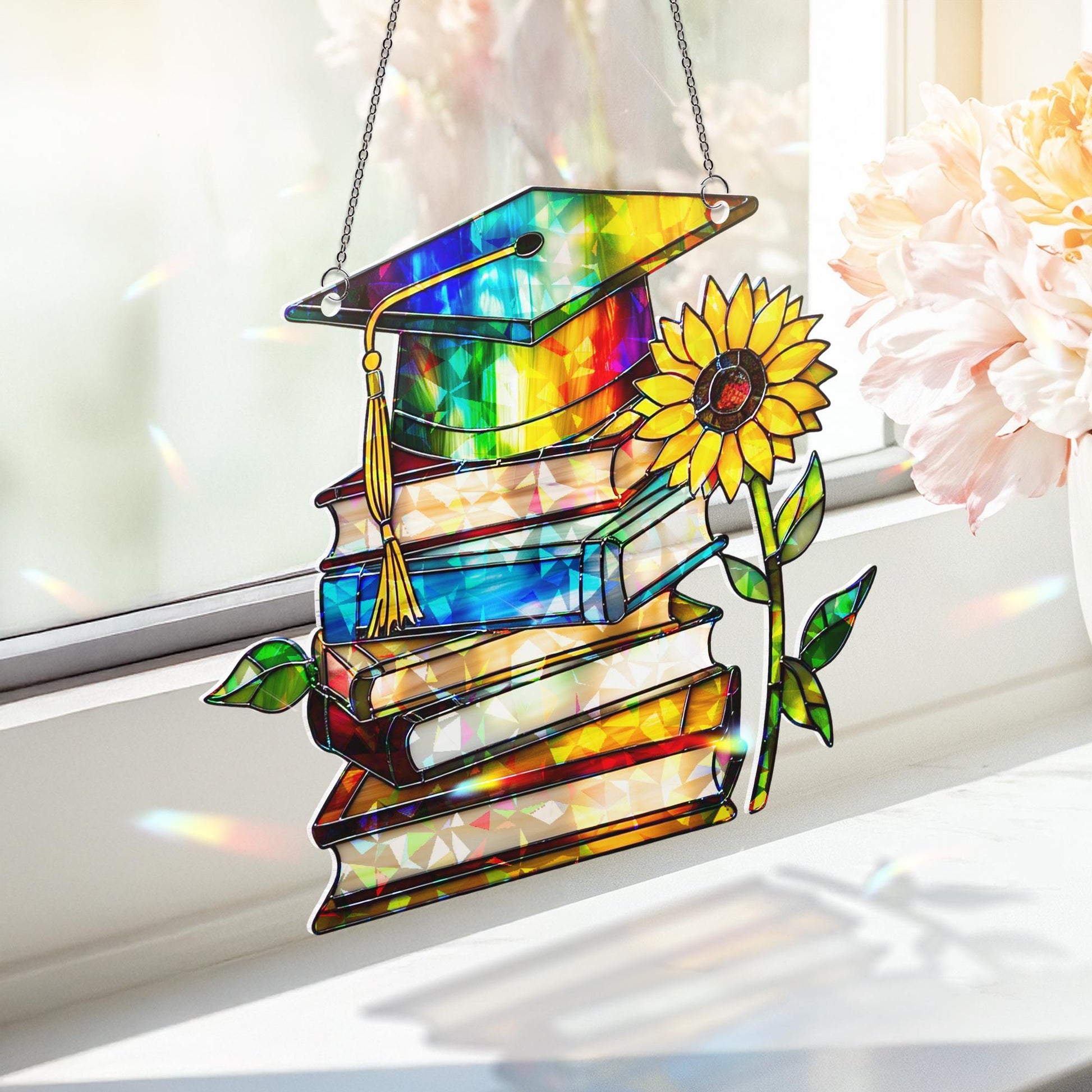 Graduation Hologram Acrylic Window Hanging – Stained Glass Style Books & Cap Suncatcher, Teacher Gift, Graduate Decor, Sunflower Keepsake