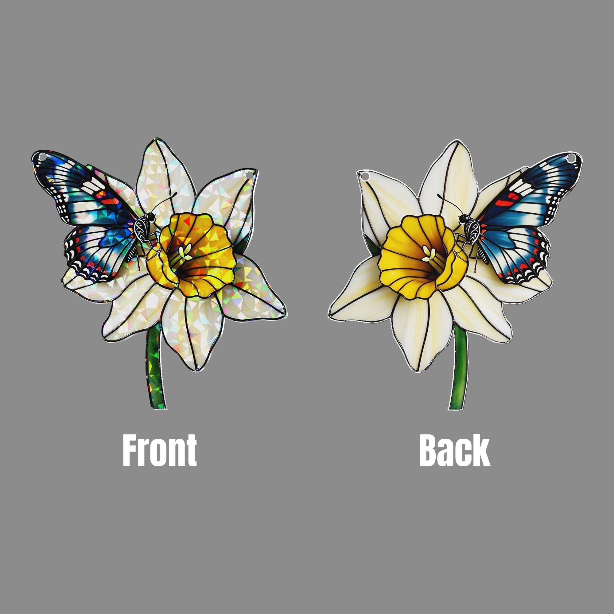 Butterfly & Daffodil Acrylic Window Hanging Ornament, Floral Nature Home Decor, Spring Garden Gift Idea, Gift For Her, Butterfly Lover