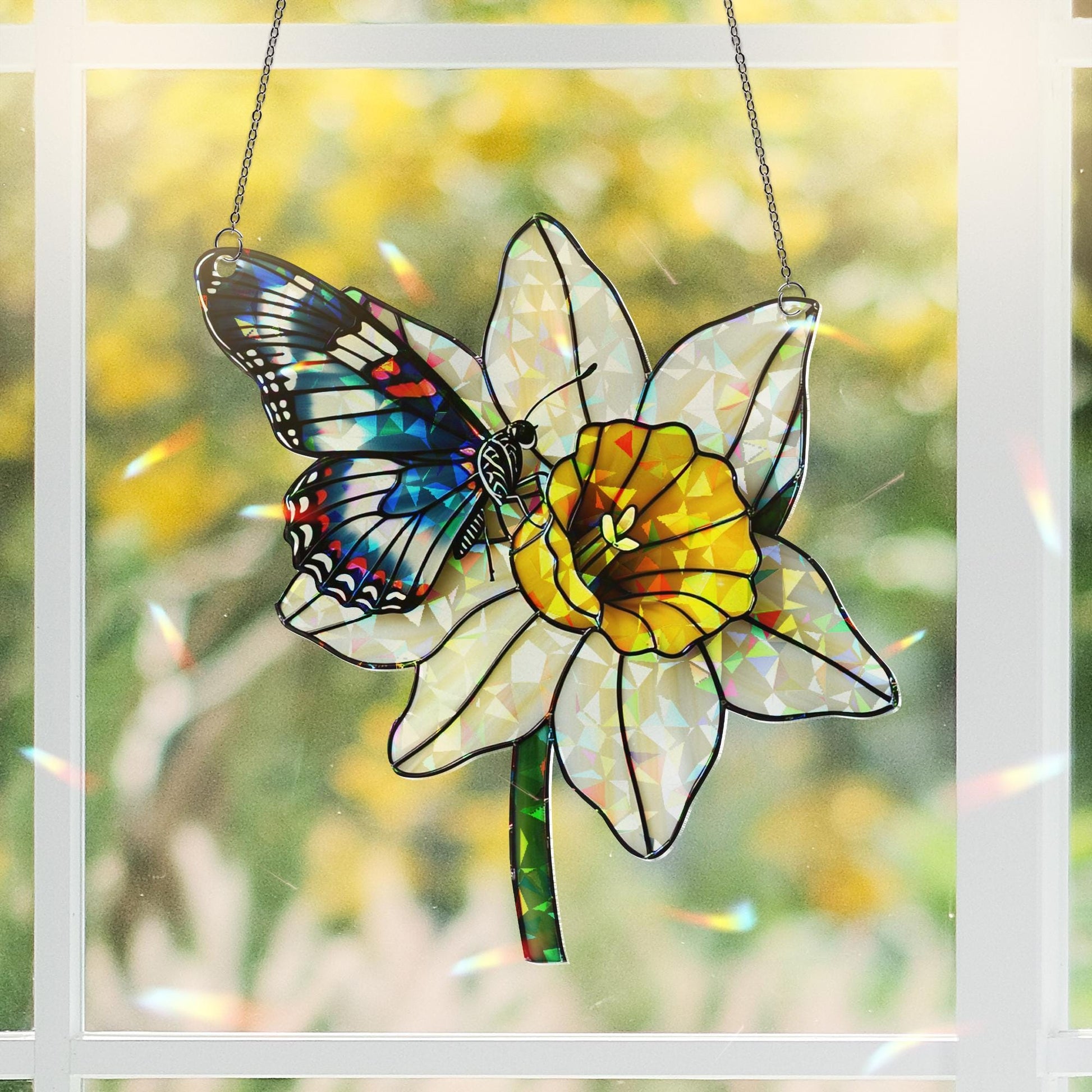 Butterfly & Daffodil Acrylic Window Hanging Ornament, Floral Nature Home Decor, Spring Garden Gift Idea, Gift For Her, Butterfly Lover