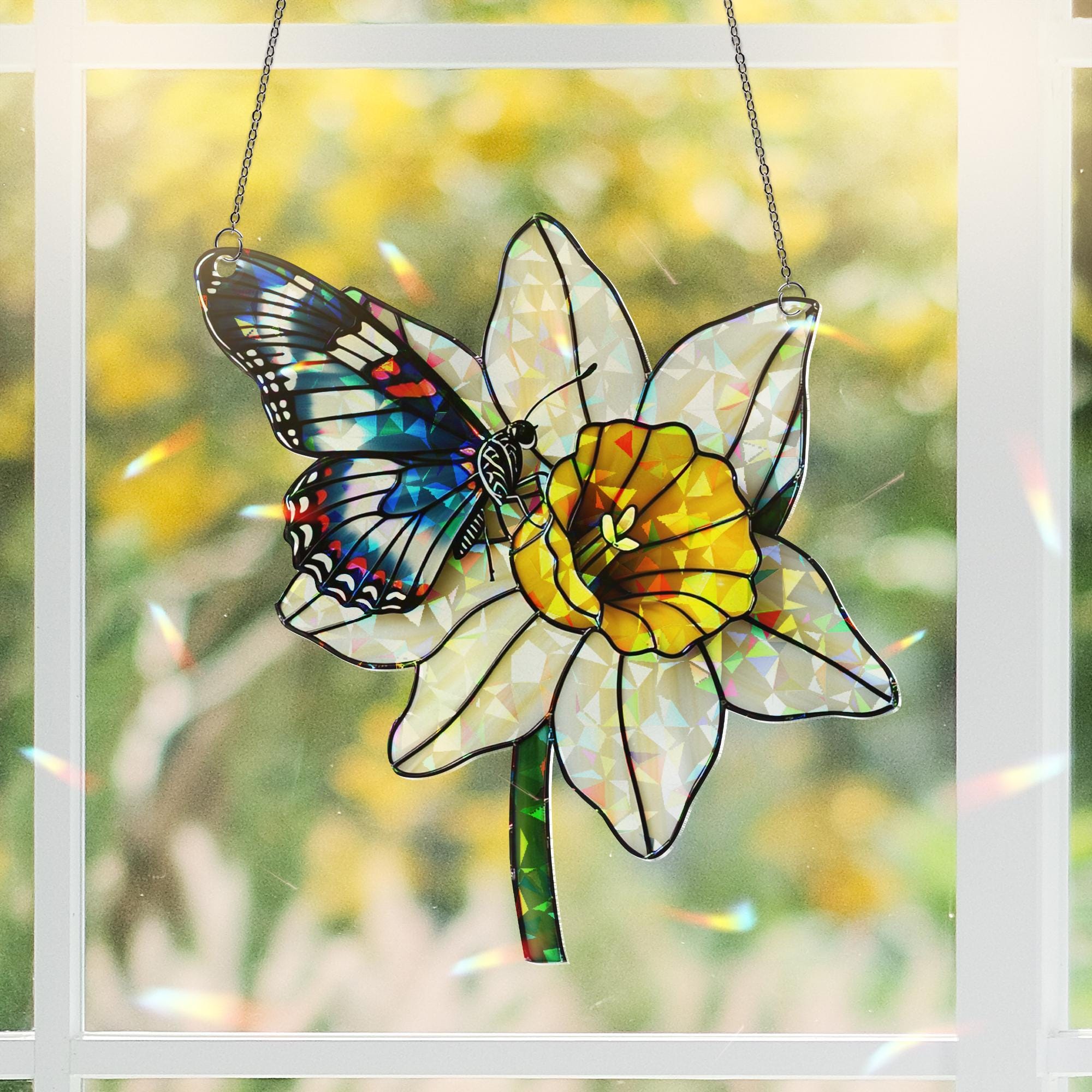 Butterfly & Daffodil Acrylic Window Hanging Ornament, Floral Nature Home Decor, Spring Garden Gift Idea, Gift For Her, Butterfly Lover