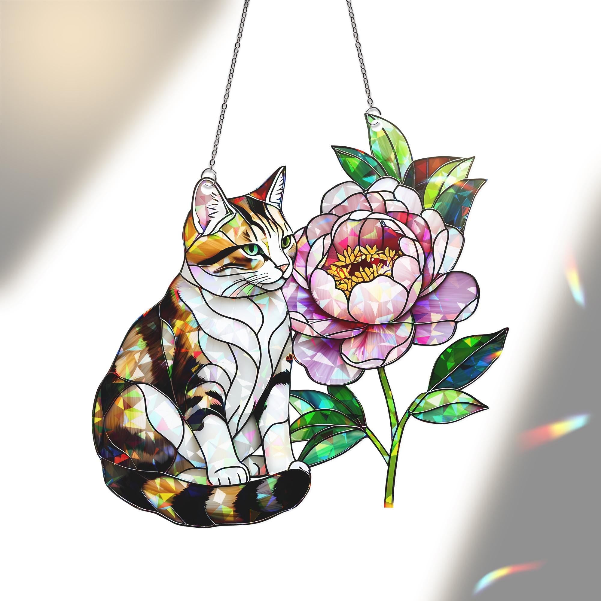Cat and Peony Acrylic Window Hanging Ornament, Cat Lover Pet Memorial Home Decor Gift, Unique Cat Lover Gift, Home Decor Accent