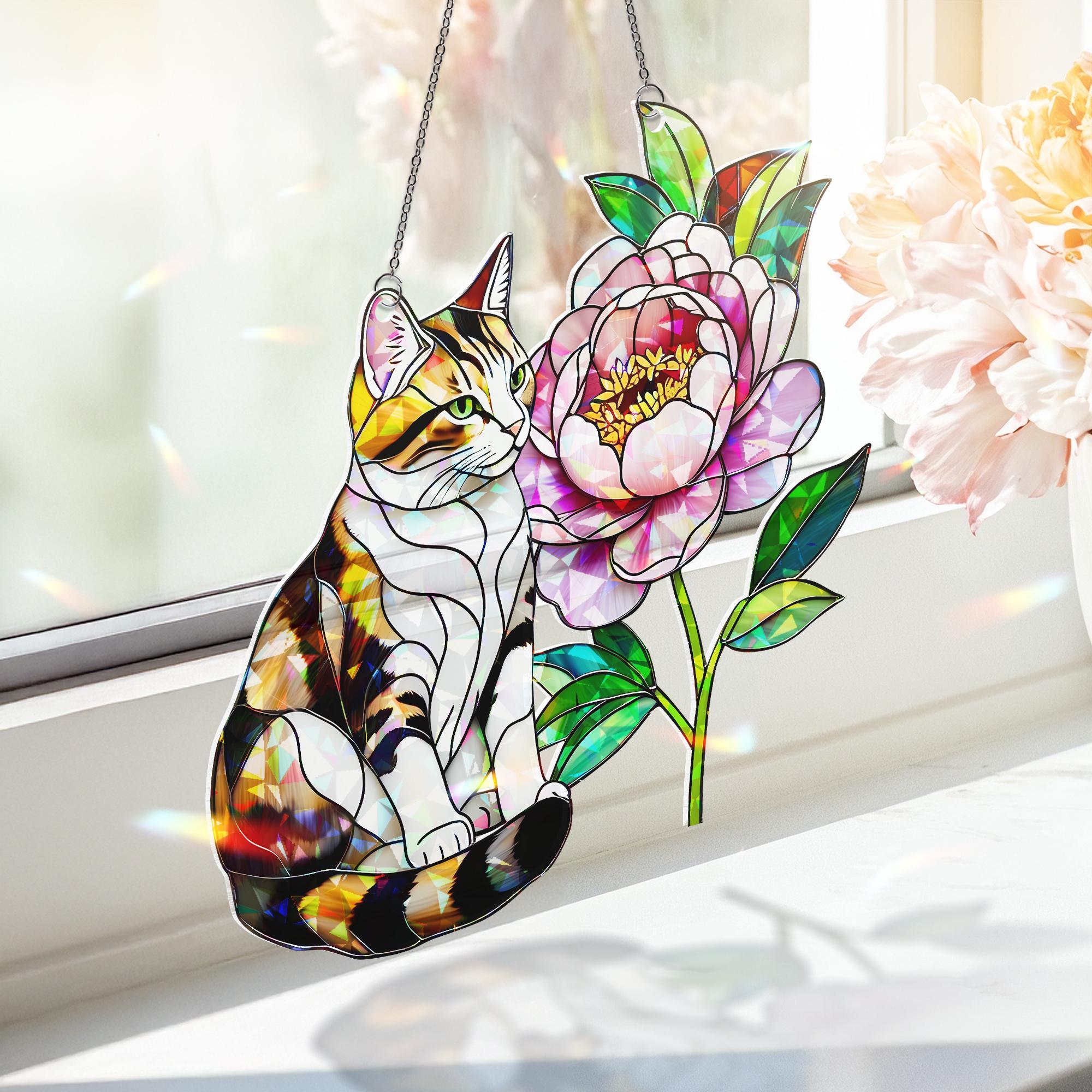 Cat and Peony Acrylic Window Hanging Ornament, Cat Lover Pet Memorial Home Decor Gift, Unique Cat Lover Gift, Home Decor Accent