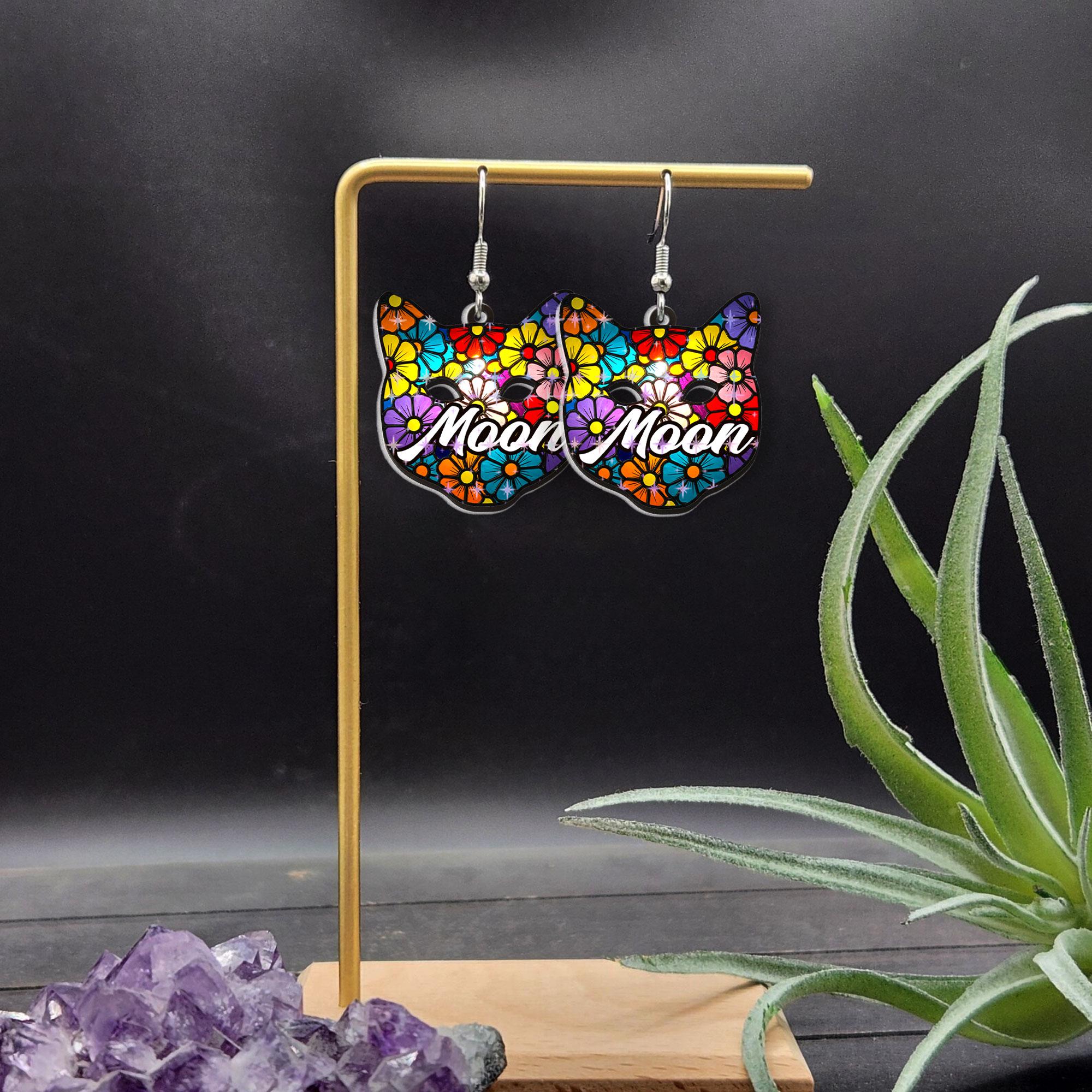 Custom Floral Cat Earrings, "Moon" Cat Lover Gift, Whimsical Feline Jewelry, Bright Flower Pattern Dangle Earrings, Unique Pet Owner Gift