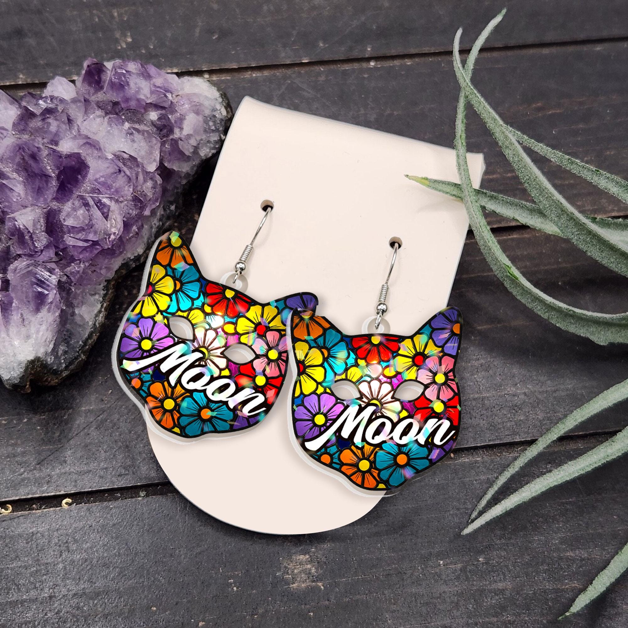 Custom Floral Cat Earrings, "Moon" Cat Lover Gift, Whimsical Feline Jewelry, Bright Flower Pattern Dangle Earrings, Unique Pet Owner Gift