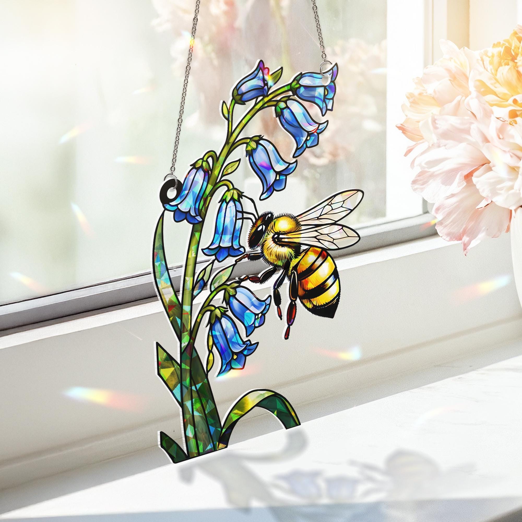 Bee And Flowers Hologram Acrylic Window Hanging – Bluebell Flower Window Hanging, Garden Nature Decor, Cute Insect Gift, Bee Lovers