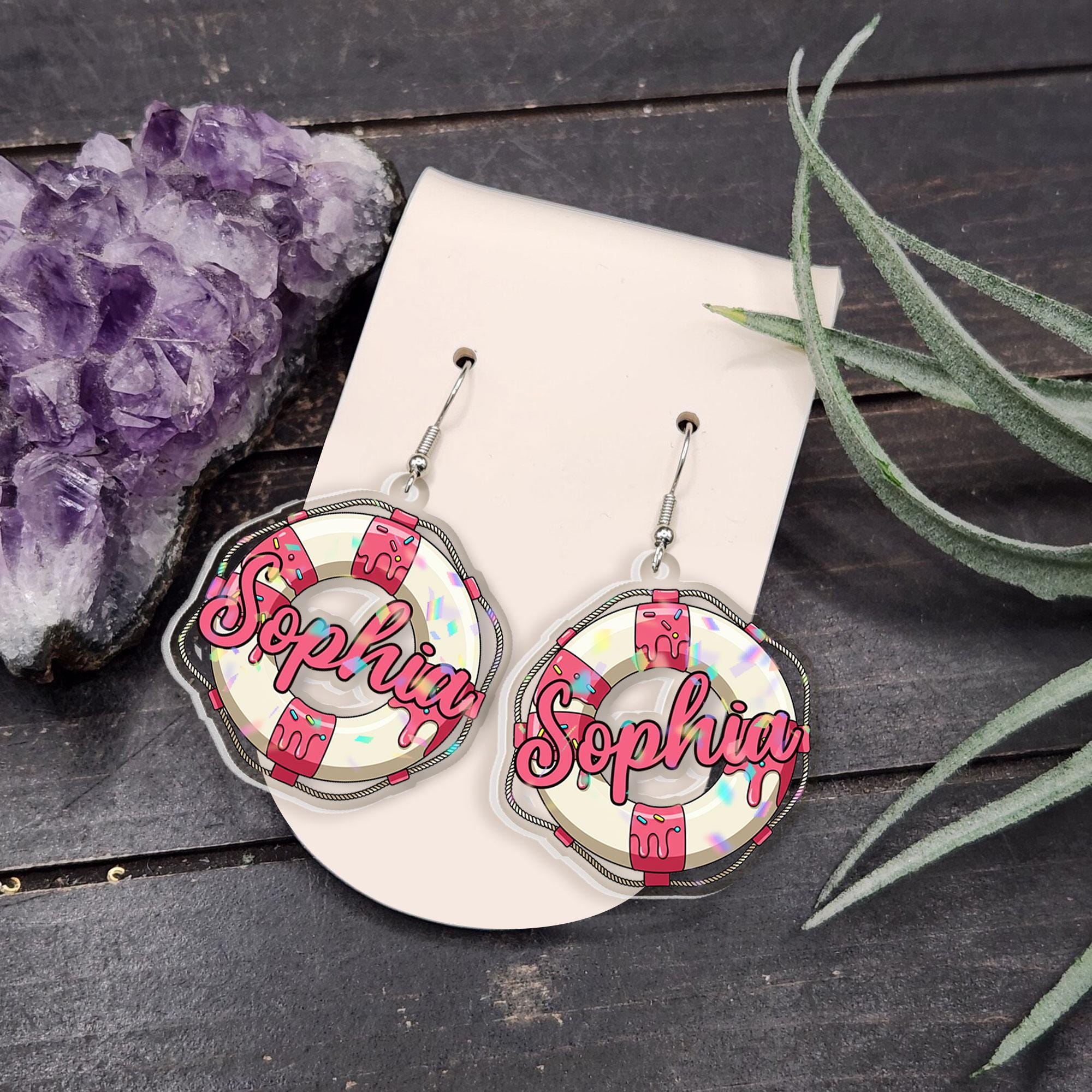 Personalized Lifebuoy Earrings, Custom Name Nautical Dangle Earrings, Summer Beach Jewelry, Cute Lifesaver Pool Party Accessory Gift