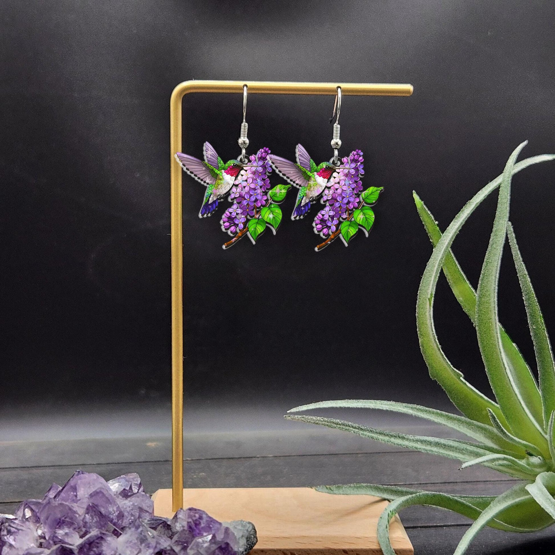 Hummingbird Earrings with Purple Lilac Flowers, Spring Nature Jewelry, Bird Lover Gift, Lightweight Floral Dangle, Mothers Day Present