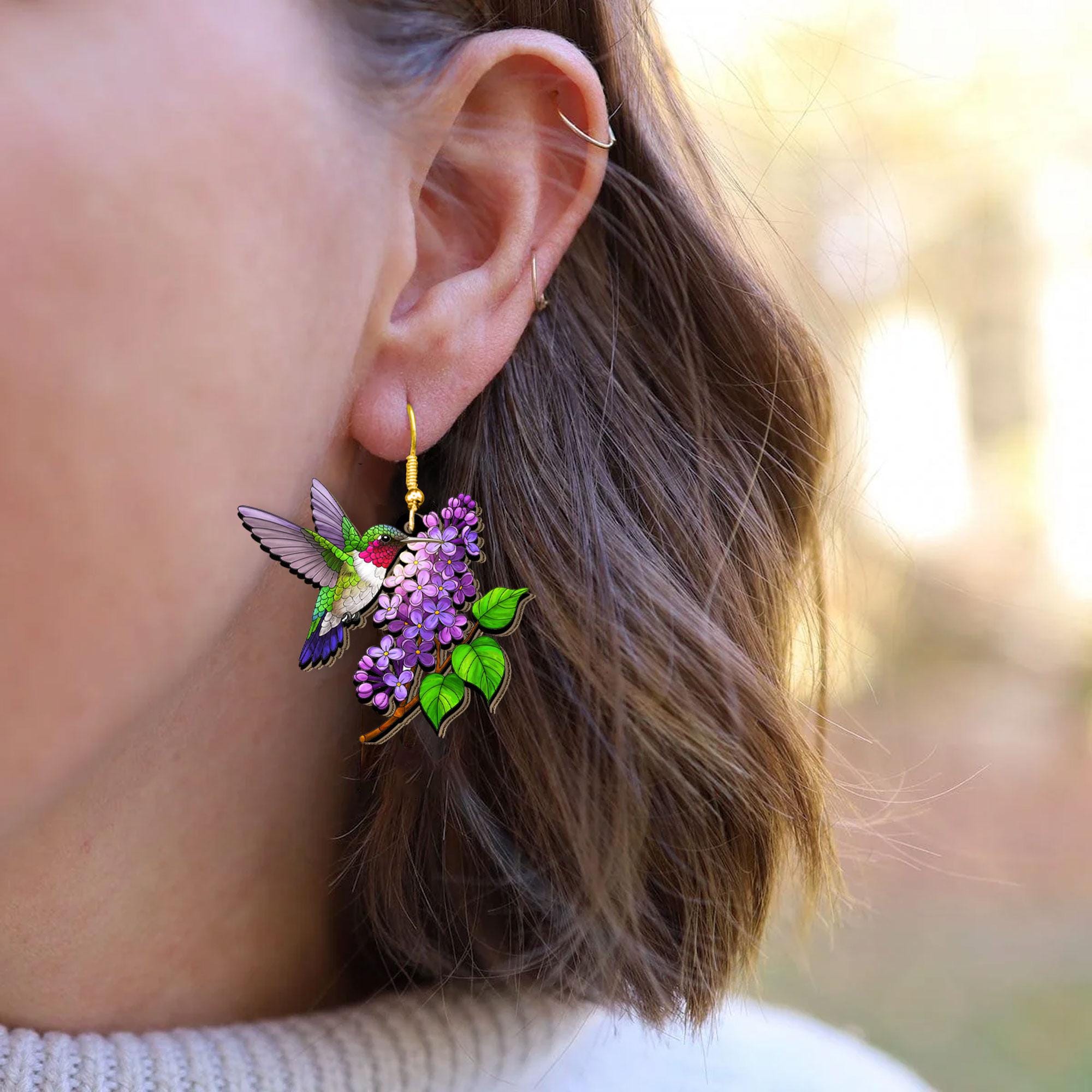 Hummingbird Earrings with Purple Lilac Flowers, Spring Nature Jewelry, Bird Lover Gift, Lightweight Floral Dangle, Mothers Day Present