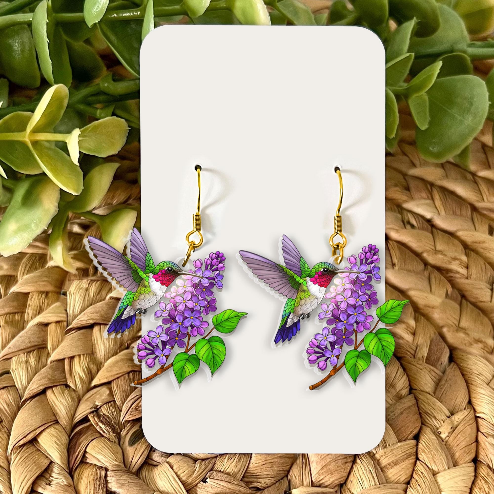 Hummingbird Earrings with Purple Lilac Flowers, Spring Nature Jewelry, Bird Lover Gift, Lightweight Floral Dangle, Mothers Day Present