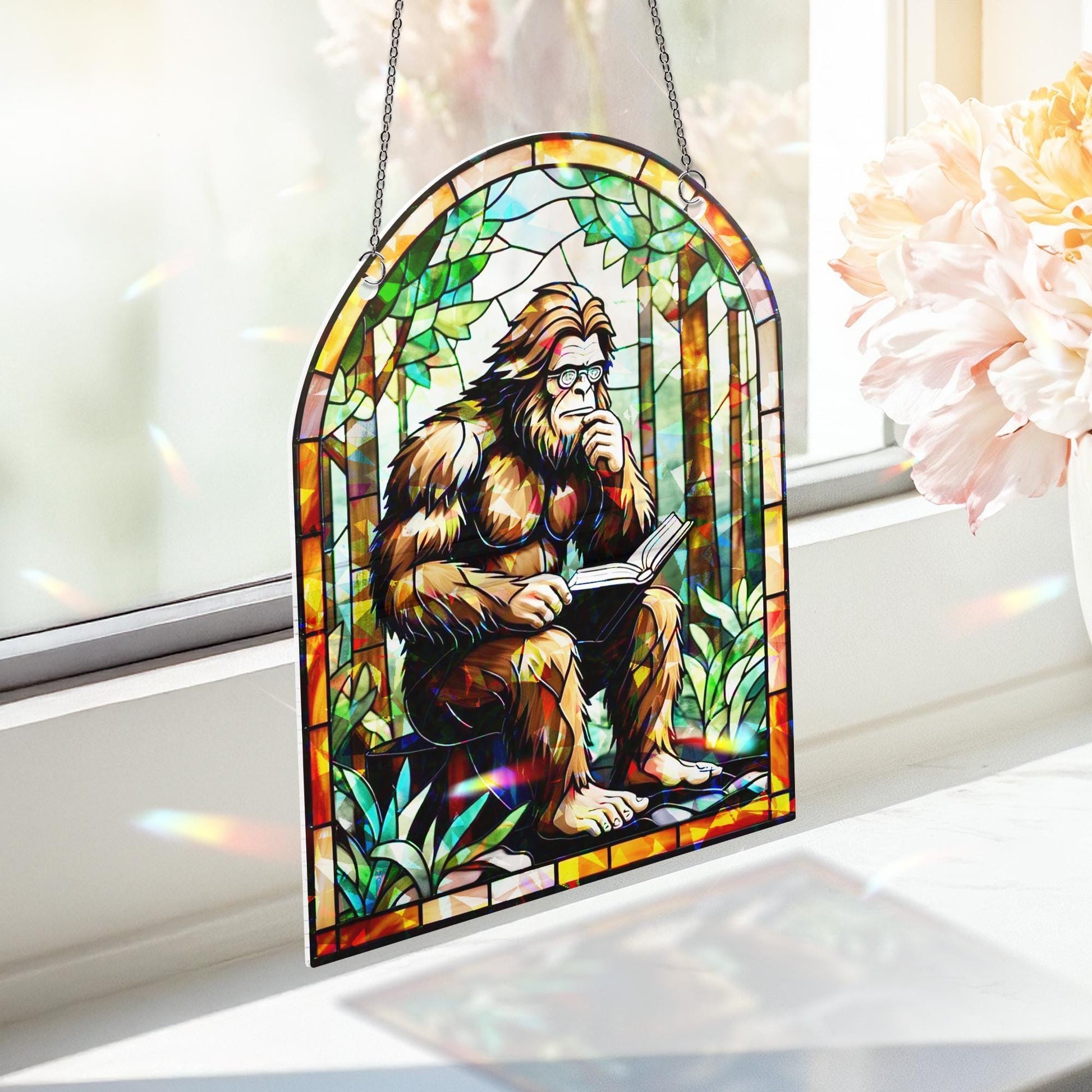 Funny Bigfoot Hologram Window Hanging – Holographic Acrylic Sasquatch Reading Book, Nerdy Cryptid Decor, Forest Gift for Readers
