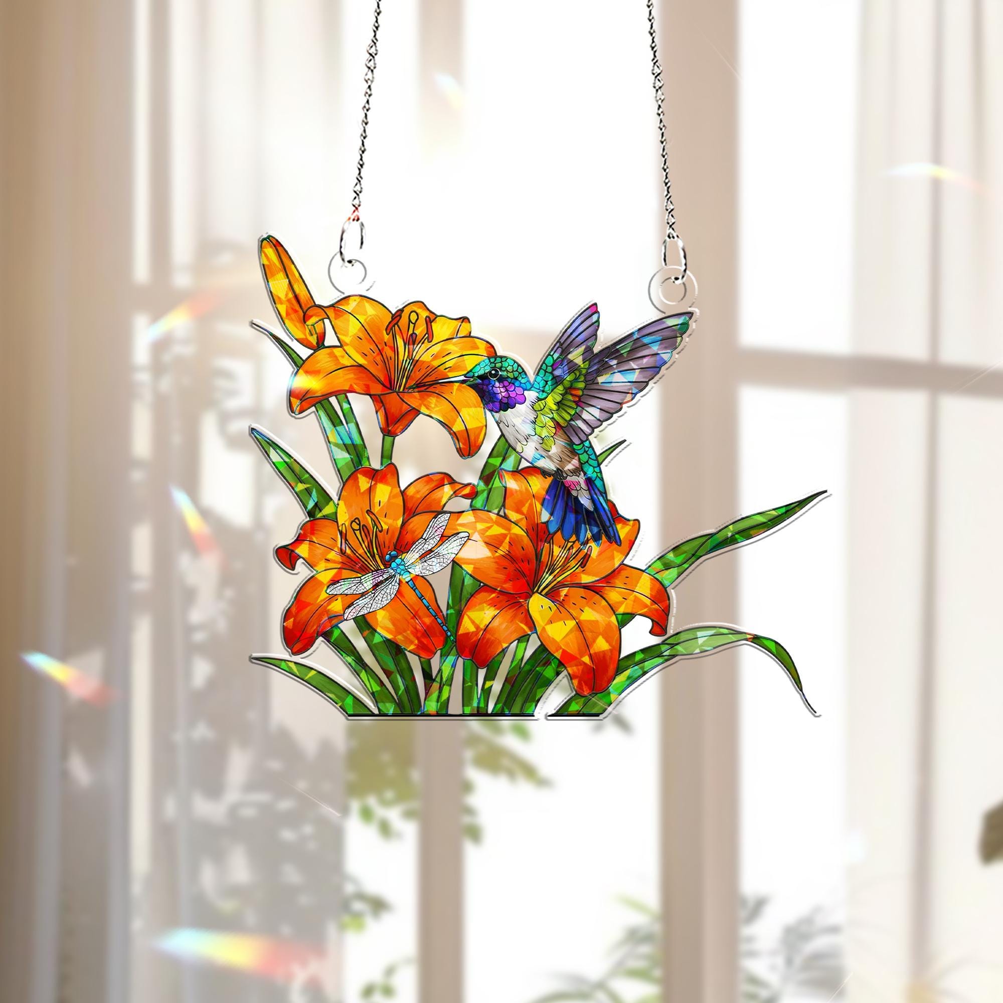 Hummingbird with Butterfly Hologram Window Hanging – Acrylic Floral Decor – Mother’s Day Gift – Bird & Flower Lover Home Art