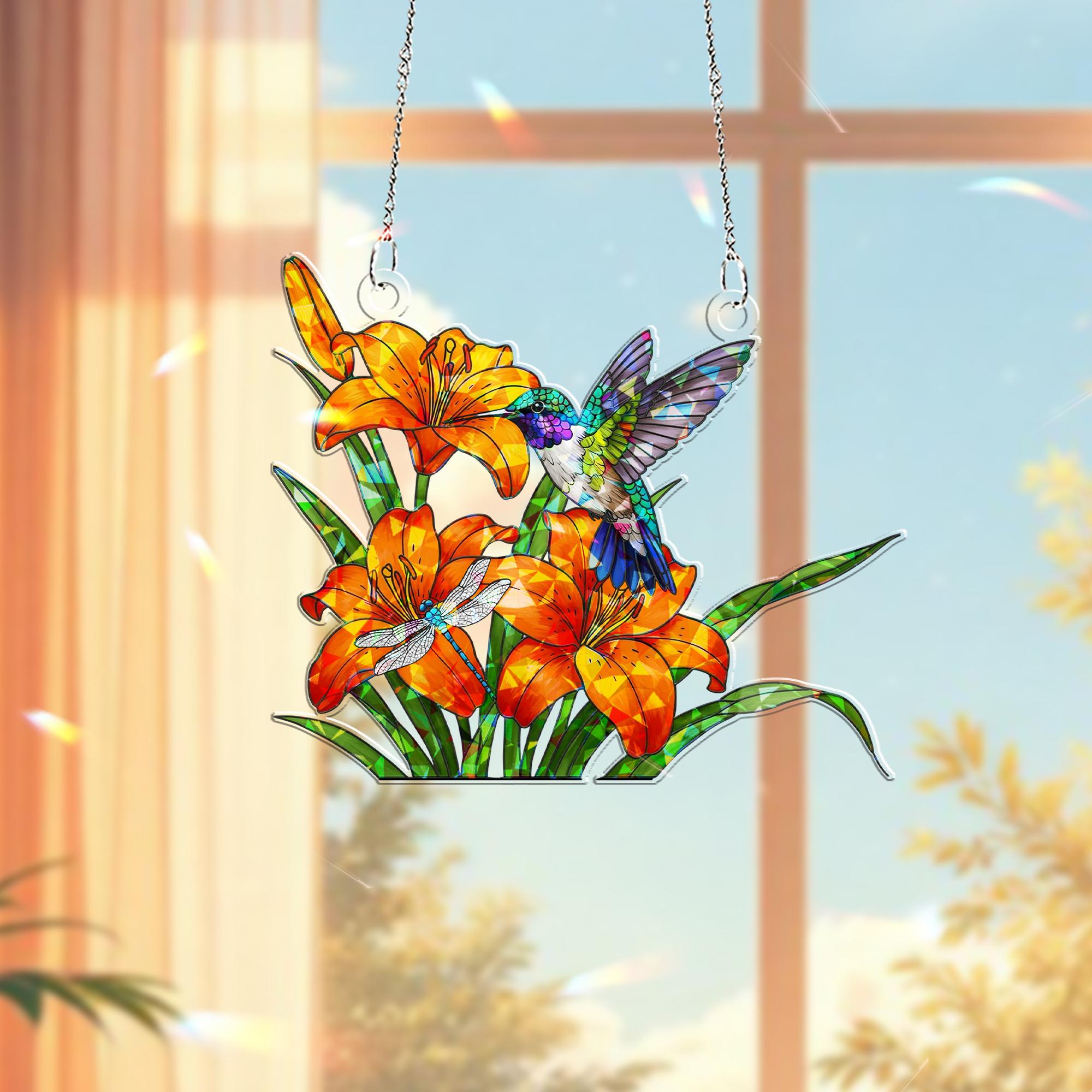 Hummingbird with Butterfly Hologram Window Hanging – Acrylic Floral Decor – Mother’s Day Gift – Bird & Flower Lover Home Art