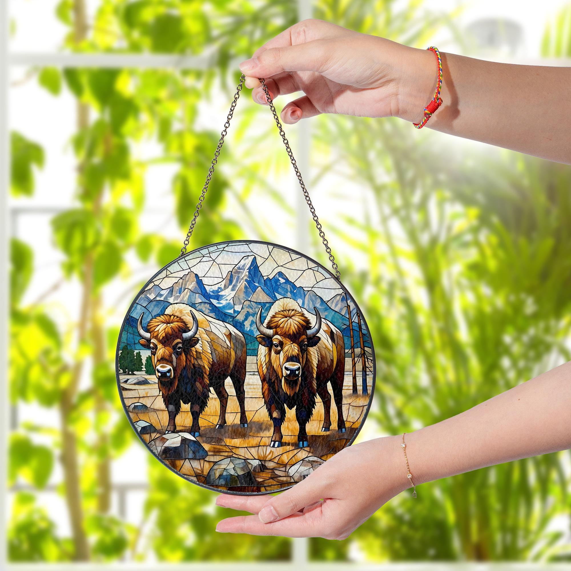 Bison Buffalo Glass Suncatcher – Western Bison Suncatcher, Rustic Wildlife Decor, Nature Lover Gift for Cabin, Home Gift, Gift For Mom