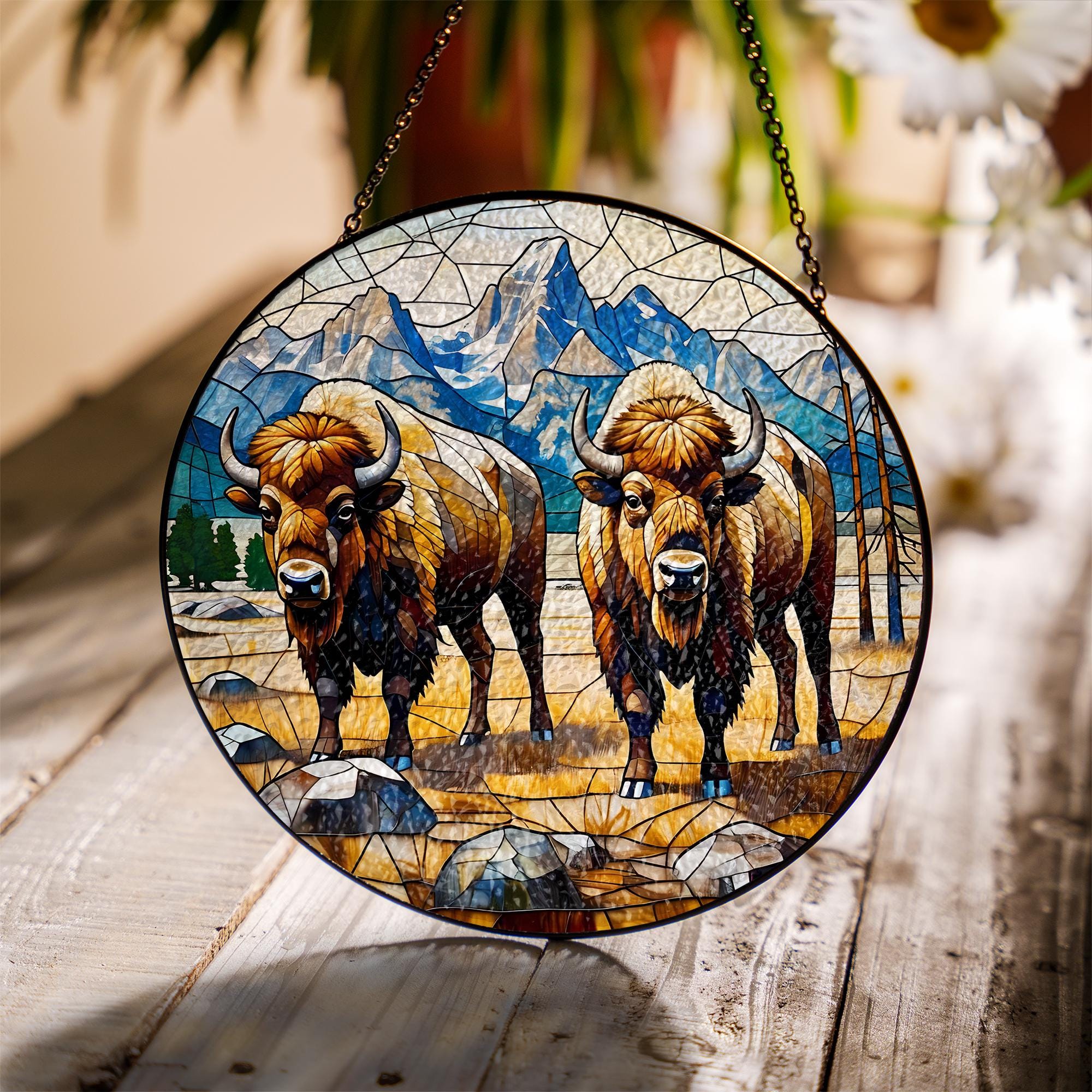 Bison Buffalo Glass Suncatcher – Western Bison Suncatcher, Rustic Wildlife Decor, Nature Lover Gift for Cabin, Home Gift, Gift For Mom