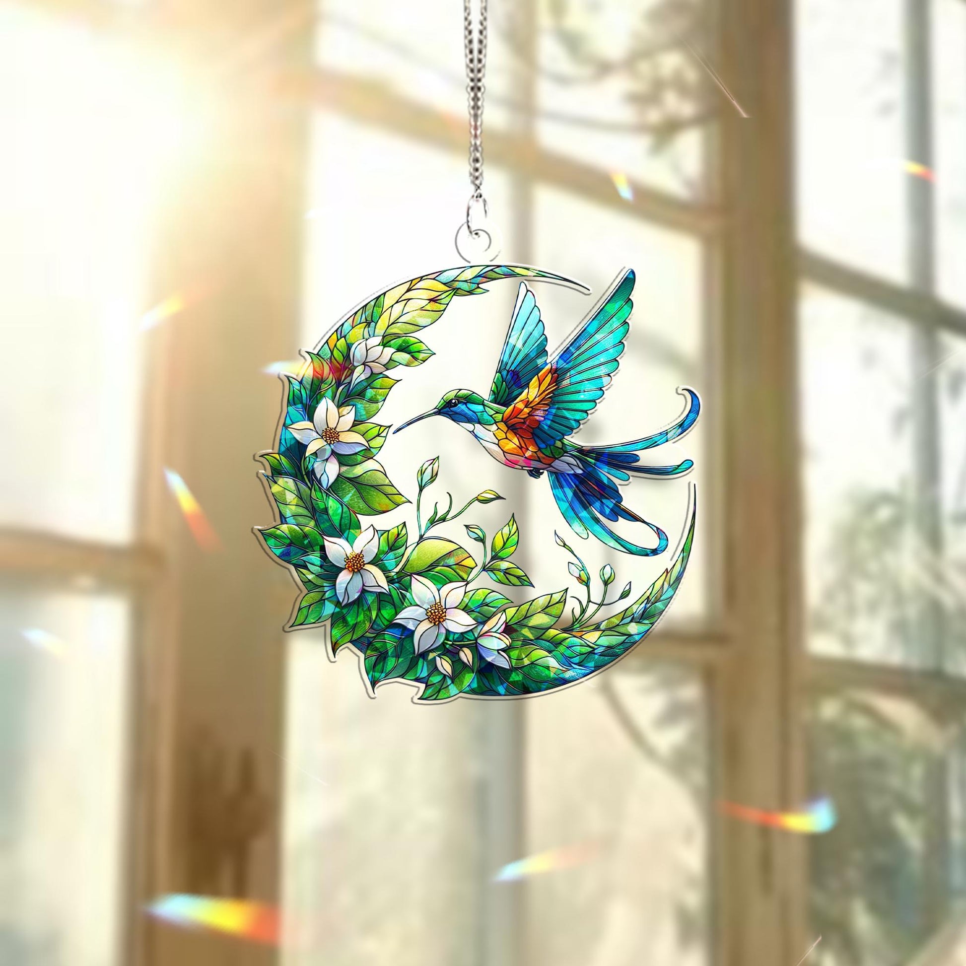 Hummingbird with Jasmine Crescent Moon Hologram Window Hanging – Floral Acrylic Decor – Mother’s Day Gift – Bird Lover Art