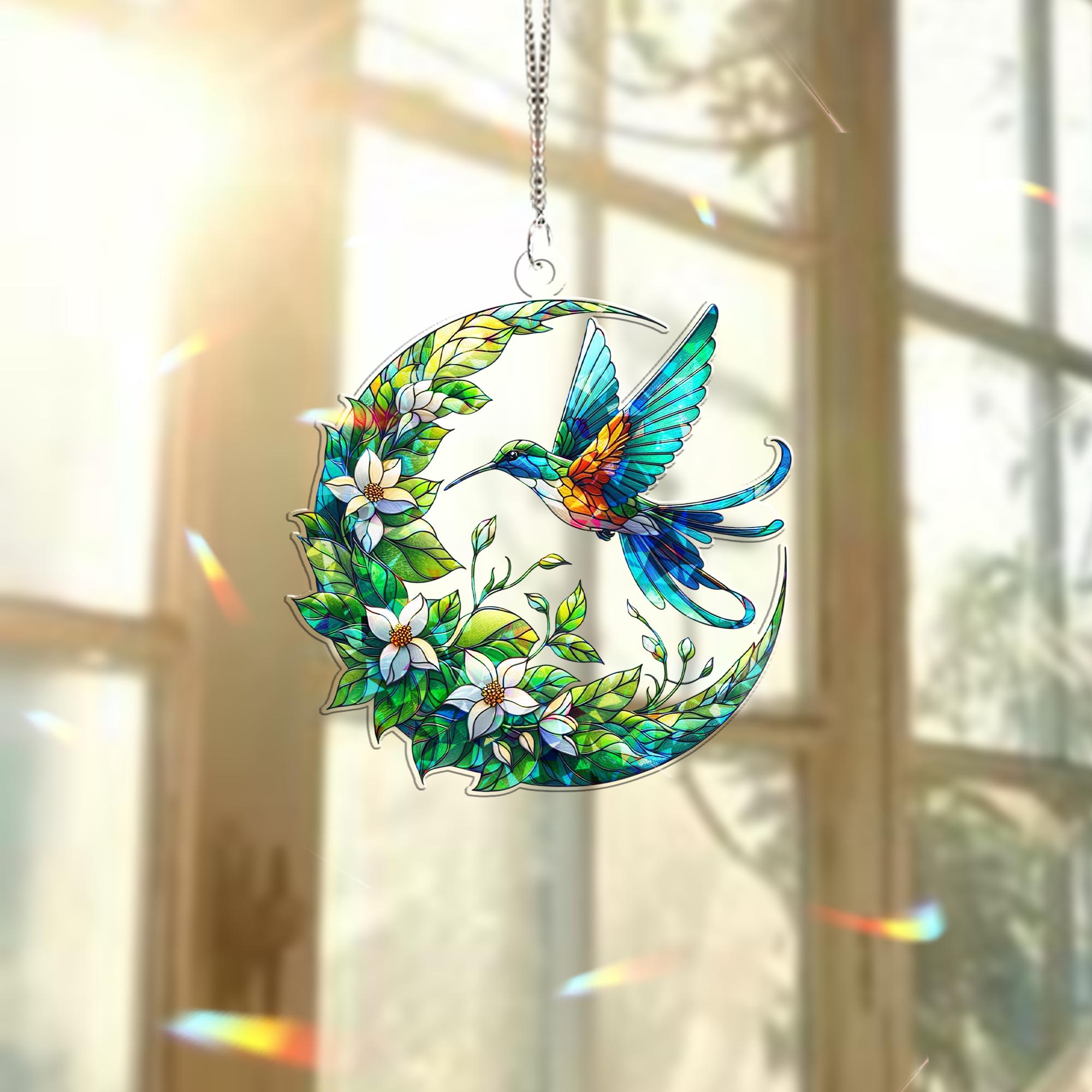 Hummingbird with Jasmine Crescent Moon Hologram Window Hanging – Floral Acrylic Decor – Mother’s Day Gift – Bird Lover Art
