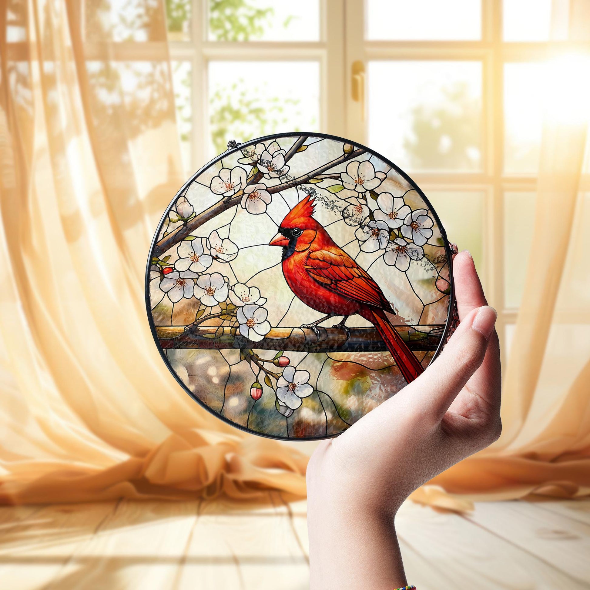 Cardinal Glass Suncatcher – Red Bird Glass Style Window Hanging, Spring Blossom Decor, Nature Gift for Bird Lovers, Home Gift, Gift For Mom