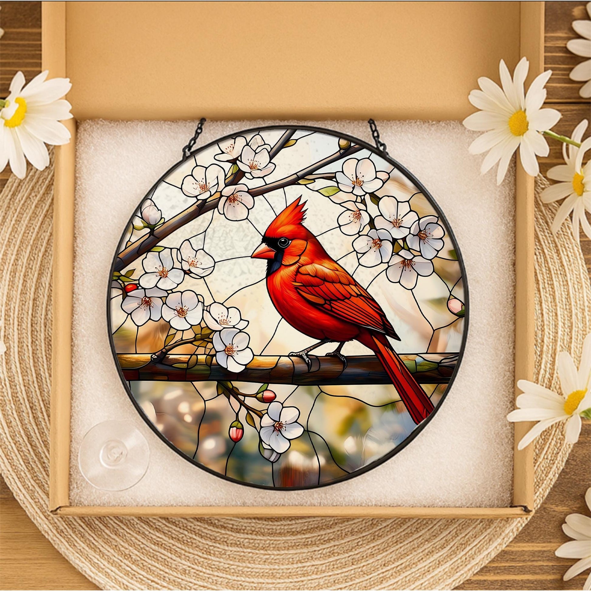Cardinal Glass Suncatcher – Red Bird Glass Style Window Hanging, Spring Blossom Decor, Nature Gift for Bird Lovers, Home Gift, Gift For Mom