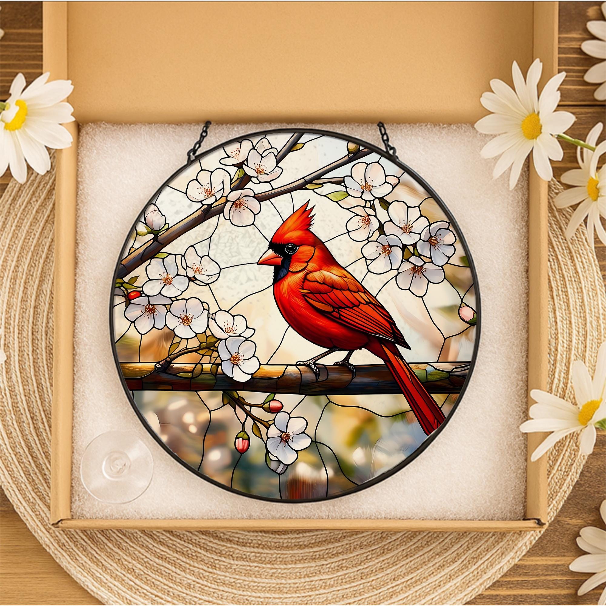 Cardinal Glass Suncatcher – Red Bird Glass Style Window Hanging, Spring Blossom Decor, Nature Gift for Bird Lovers, Home Gift, Gift For Mom