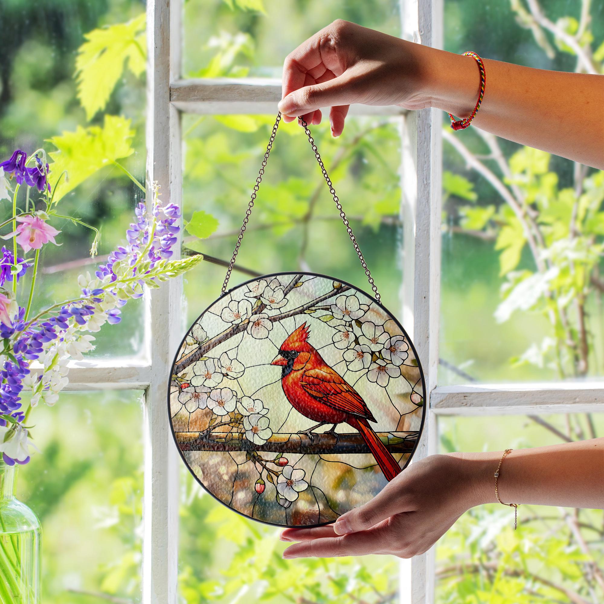 Cardinal Glass Suncatcher – Red Bird Glass Style Window Hanging, Spring Blossom Decor, Nature Gift for Bird Lovers, Home Gift, Gift For Mom