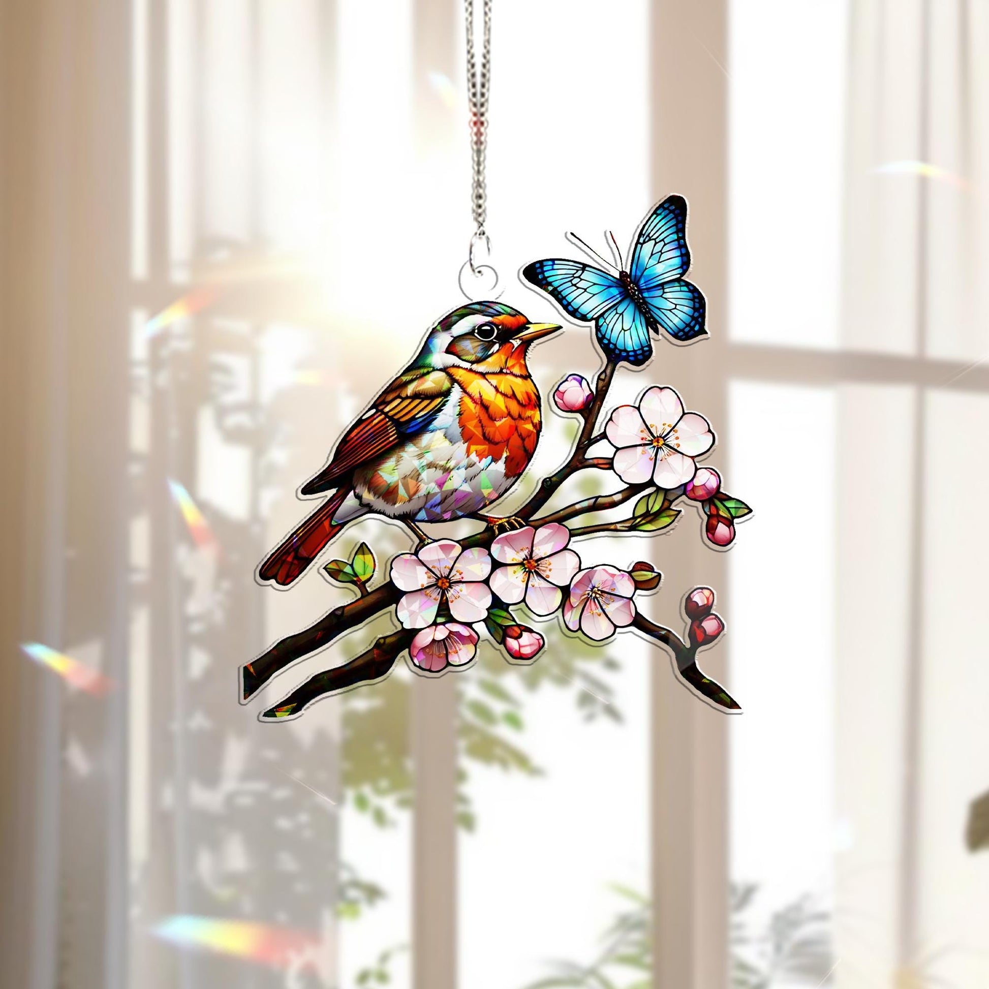 Robin with Cherry Blossom Hologram Window Hanging – Bird & Floral Acrylic Decor – Mother’s Day Gift – Flower Lover Wall Art