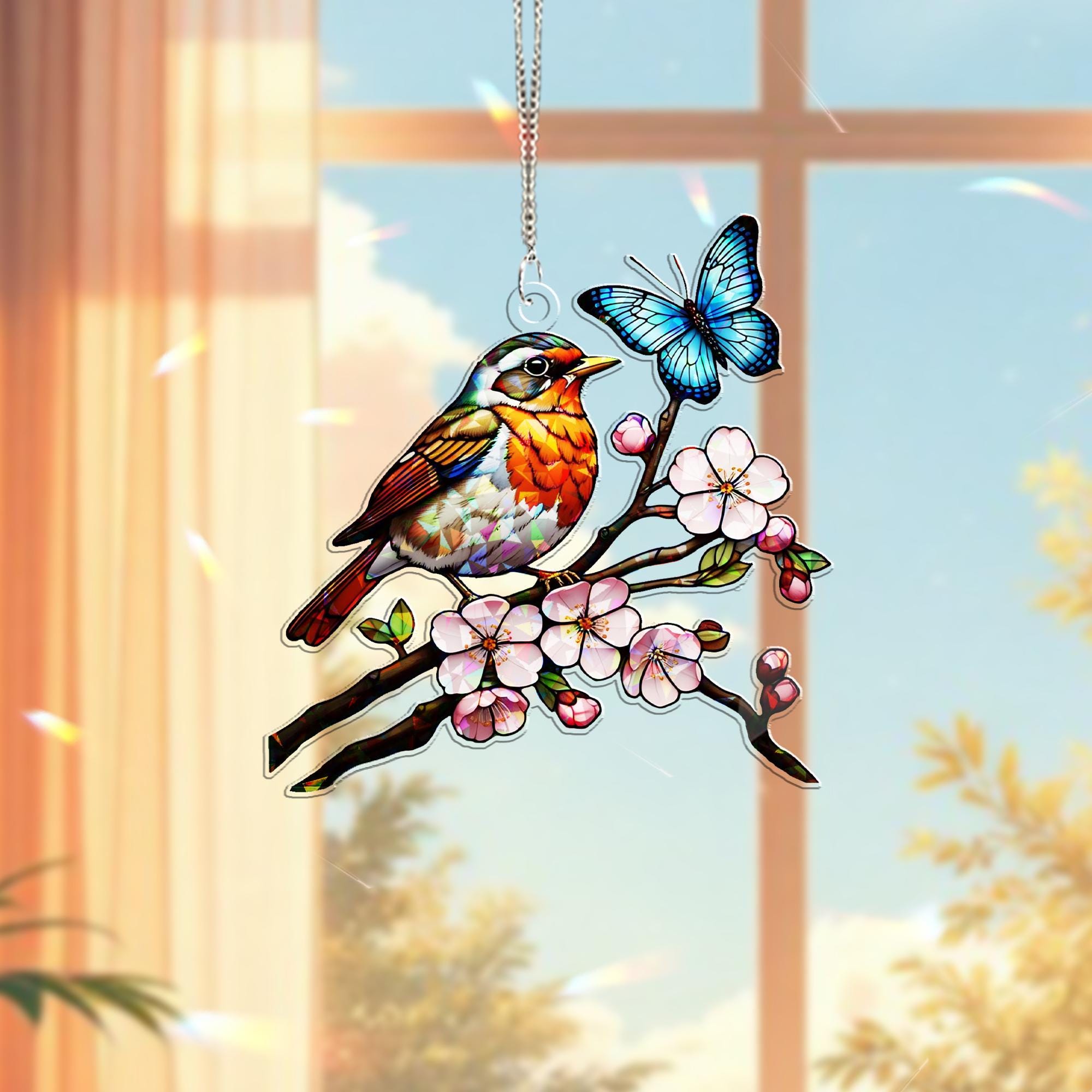 Robin with Cherry Blossom Hologram Window Hanging – Bird & Floral Acrylic Decor – Mother’s Day Gift – Flower Lover Wall Art