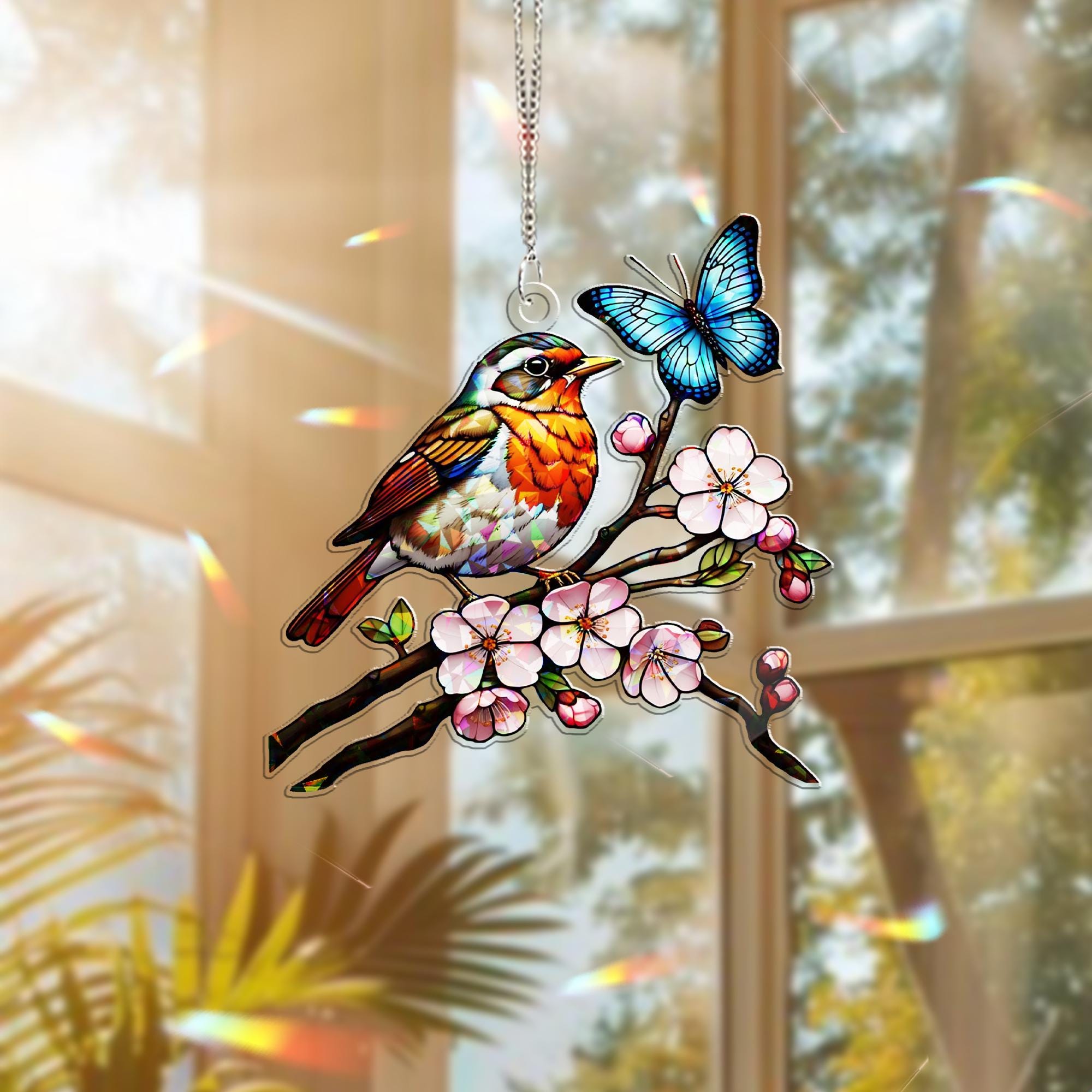 Robin with Cherry Blossom Hologram Window Hanging – Bird & Floral Acrylic Decor – Mother’s Day Gift – Flower Lover Wall Art