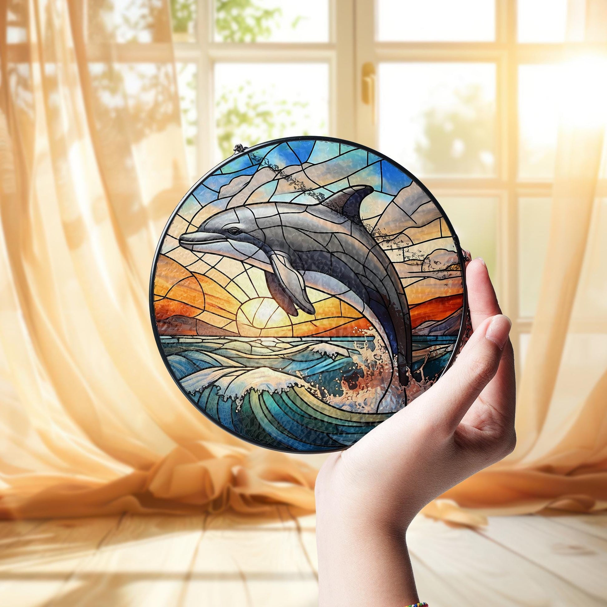 Dolphin Glass Suncatcher – Ocean Jumping Dolphin Glass Style Window Decor, Nautical Coastal Gift for Beach and Sea Lovers, Home Gift