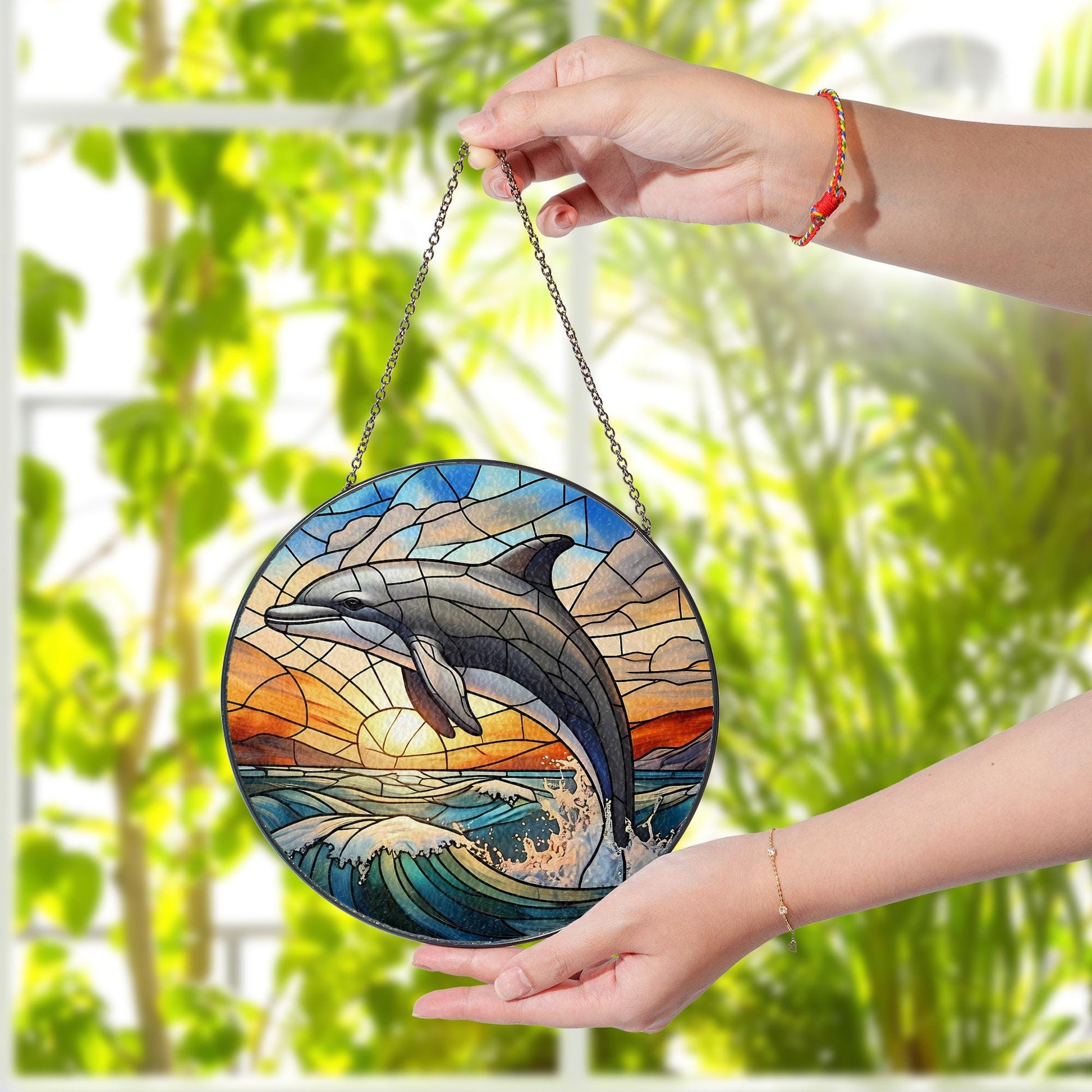 Dolphin Glass Suncatcher – Ocean Jumping Dolphin Glass Style Window Decor, Nautical Coastal Gift for Beach and Sea Lovers, Home Gift