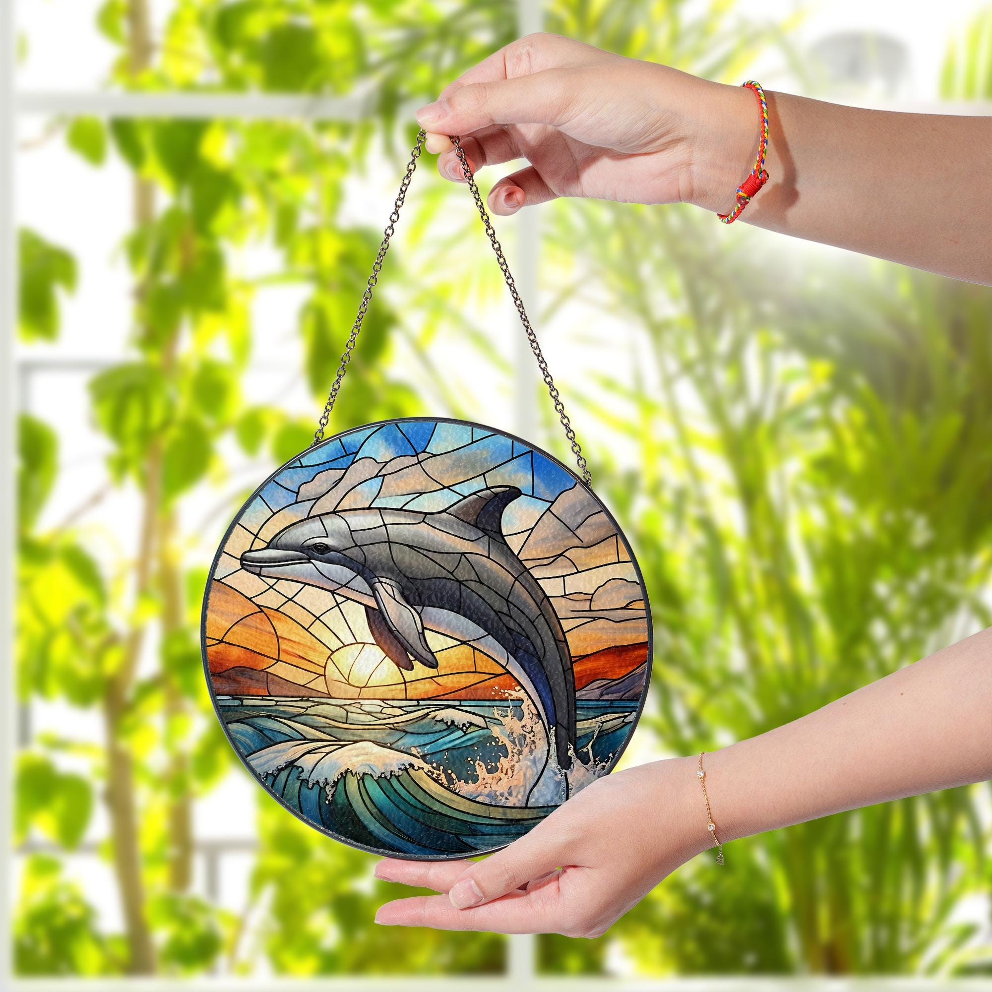 Dolphin Glass Suncatcher – Ocean Jumping Dolphin Glass Style Window Decor, Nautical Coastal Gift for Beach and Sea Lovers, Home Gift