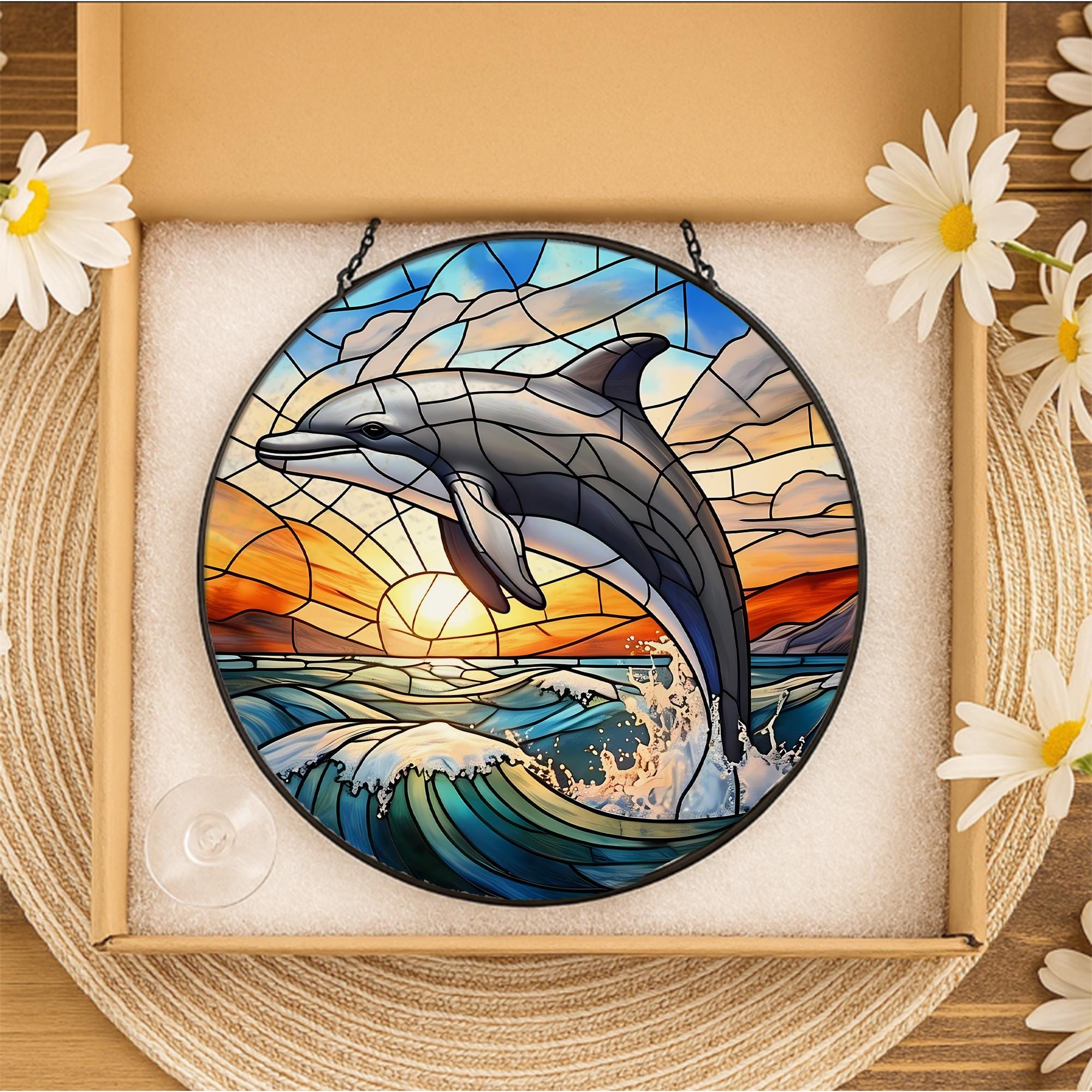 Dolphin Glass Suncatcher – Ocean Jumping Dolphin Glass Style Window Decor, Nautical Coastal Gift for Beach and Sea Lovers, Home Gift