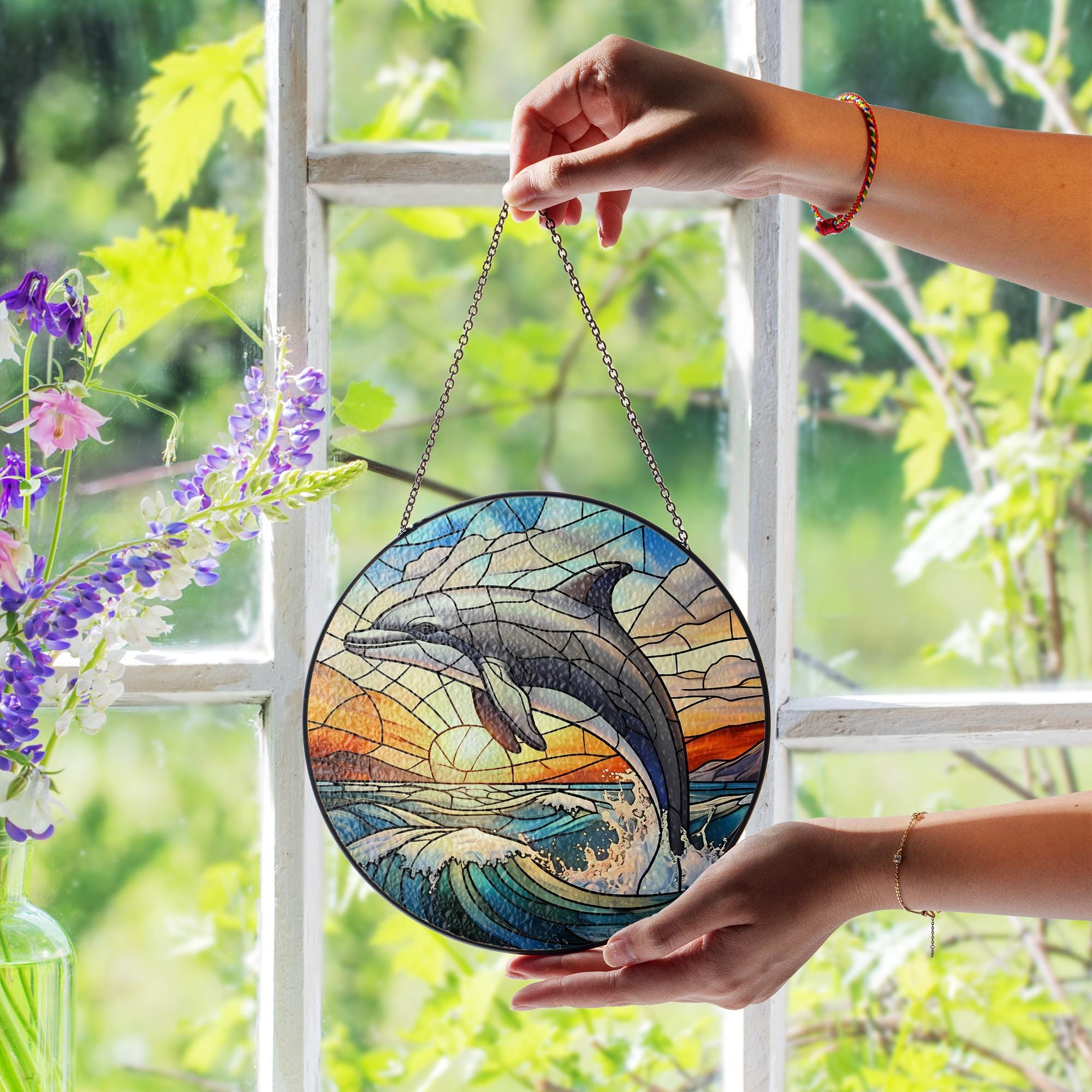 Dolphin Glass Suncatcher – Ocean Jumping Dolphin Glass Style Window Decor, Nautical Coastal Gift for Beach and Sea Lovers, Home Gift