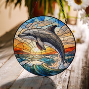 Dolphin Glass Suncatcher – Ocean Jumping Dolphin Glass Style Window Decor, Nautical Coastal Gift for Beach and Sea Lovers, Home Gift