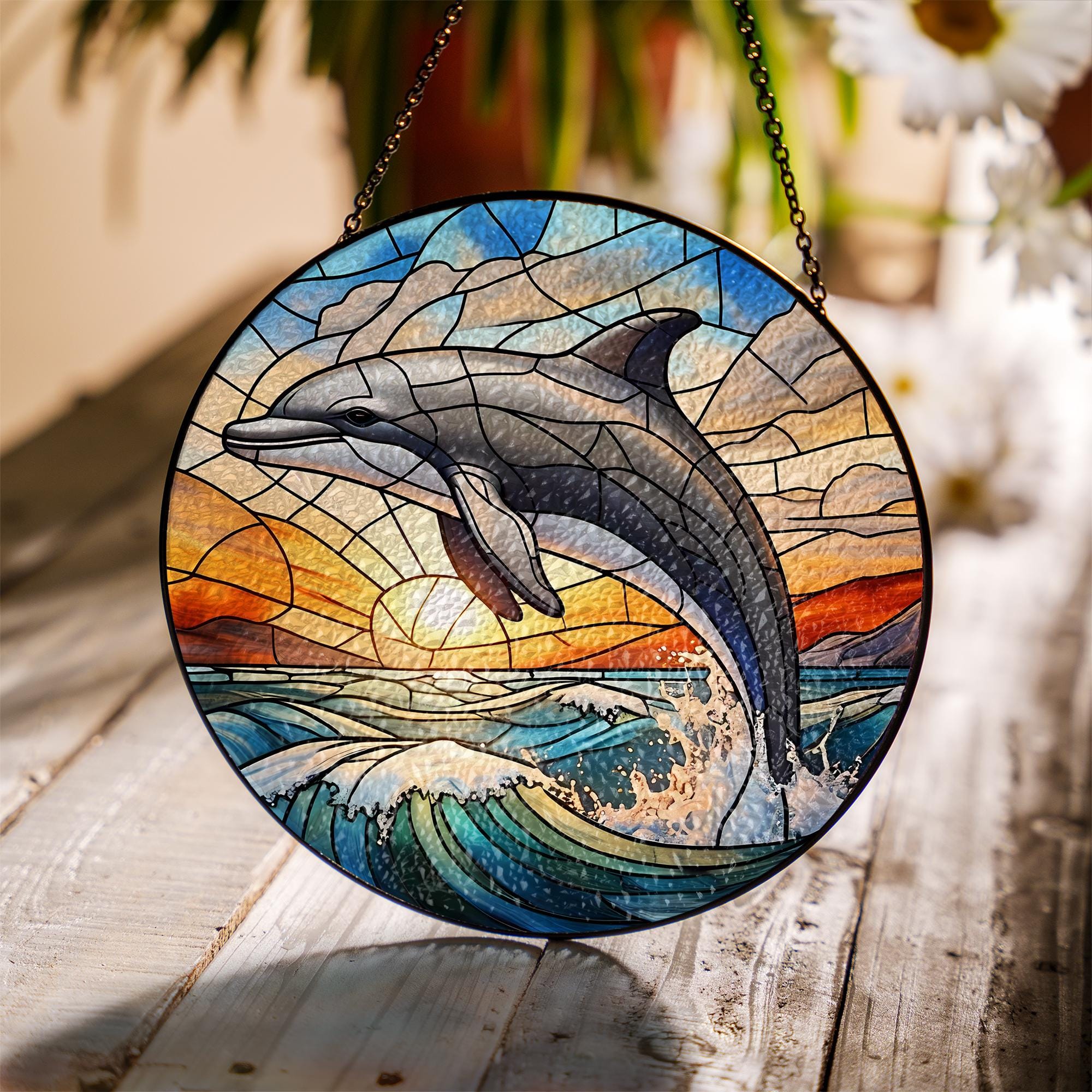 Dolphin Glass Suncatcher – Ocean Jumping Dolphin Glass Style Window Decor, Nautical Coastal Gift for Beach and Sea Lovers, Home Gift