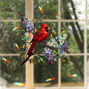 Cardinal with Lilacs and Luna Moth Hologram Window Hanging – Bird & Floral Acrylic Decor – Mother’s Day Gift – Flower Lover Wall Art