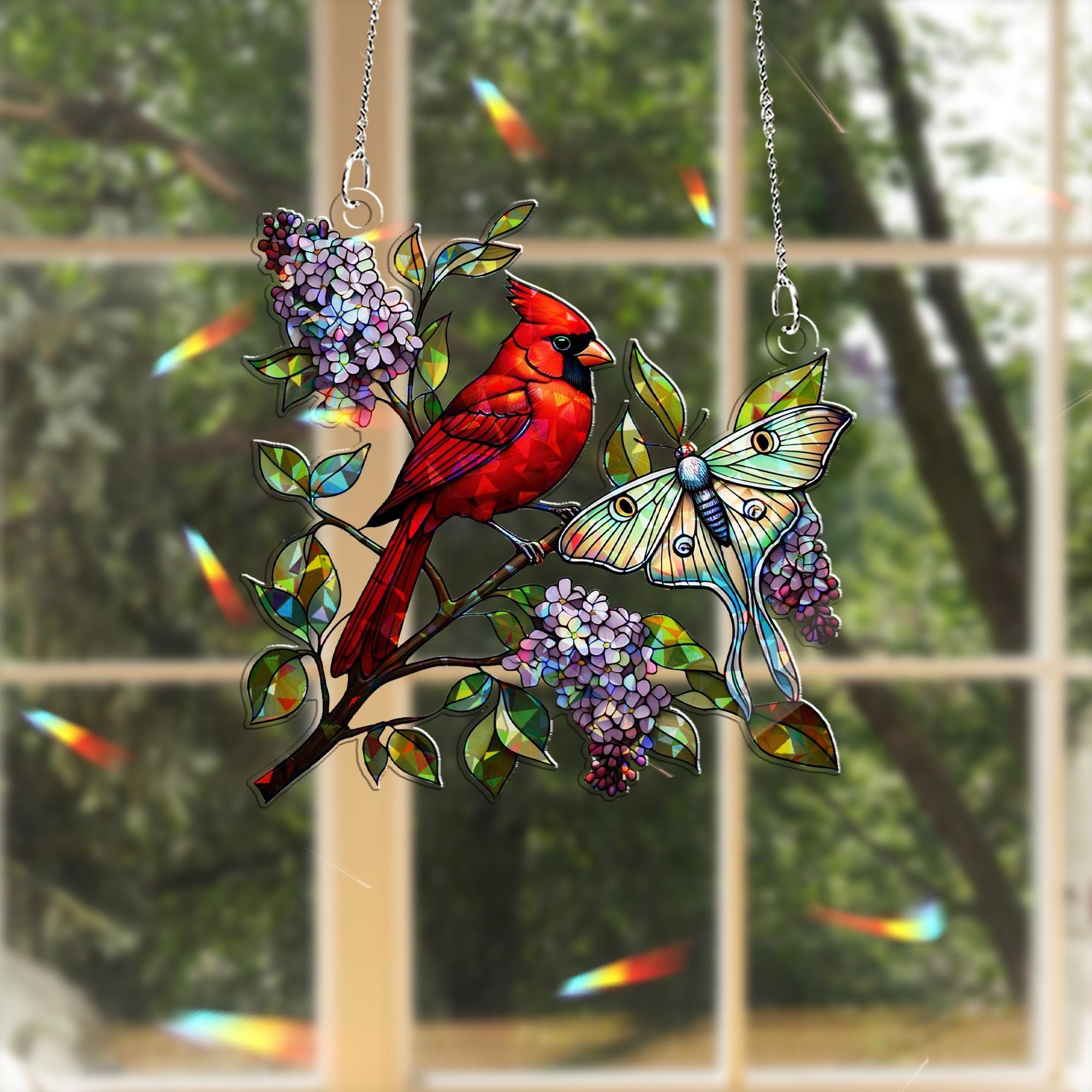 Cardinal with Lilacs and Luna Moth Hologram Window Hanging – Bird & Floral Acrylic Decor – Mother’s Day Gift – Flower Lover Wall Art