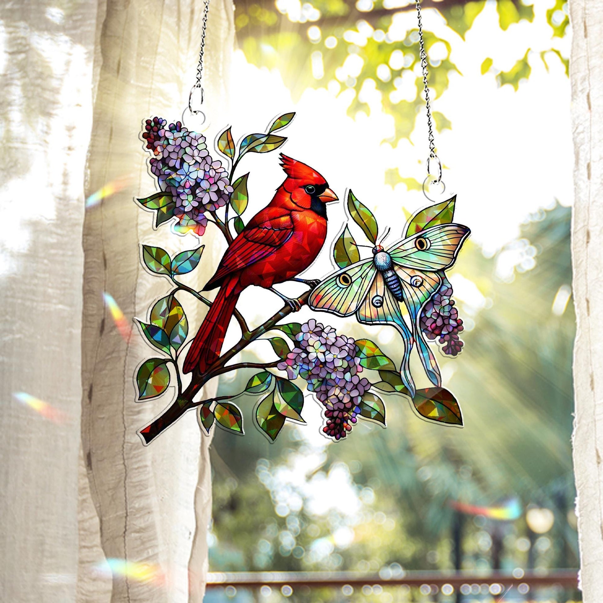 Cardinal with Lilacs and Luna Moth Hologram Window Hanging – Bird & Floral Acrylic Decor – Mother’s Day Gift – Flower Lover Wall Art