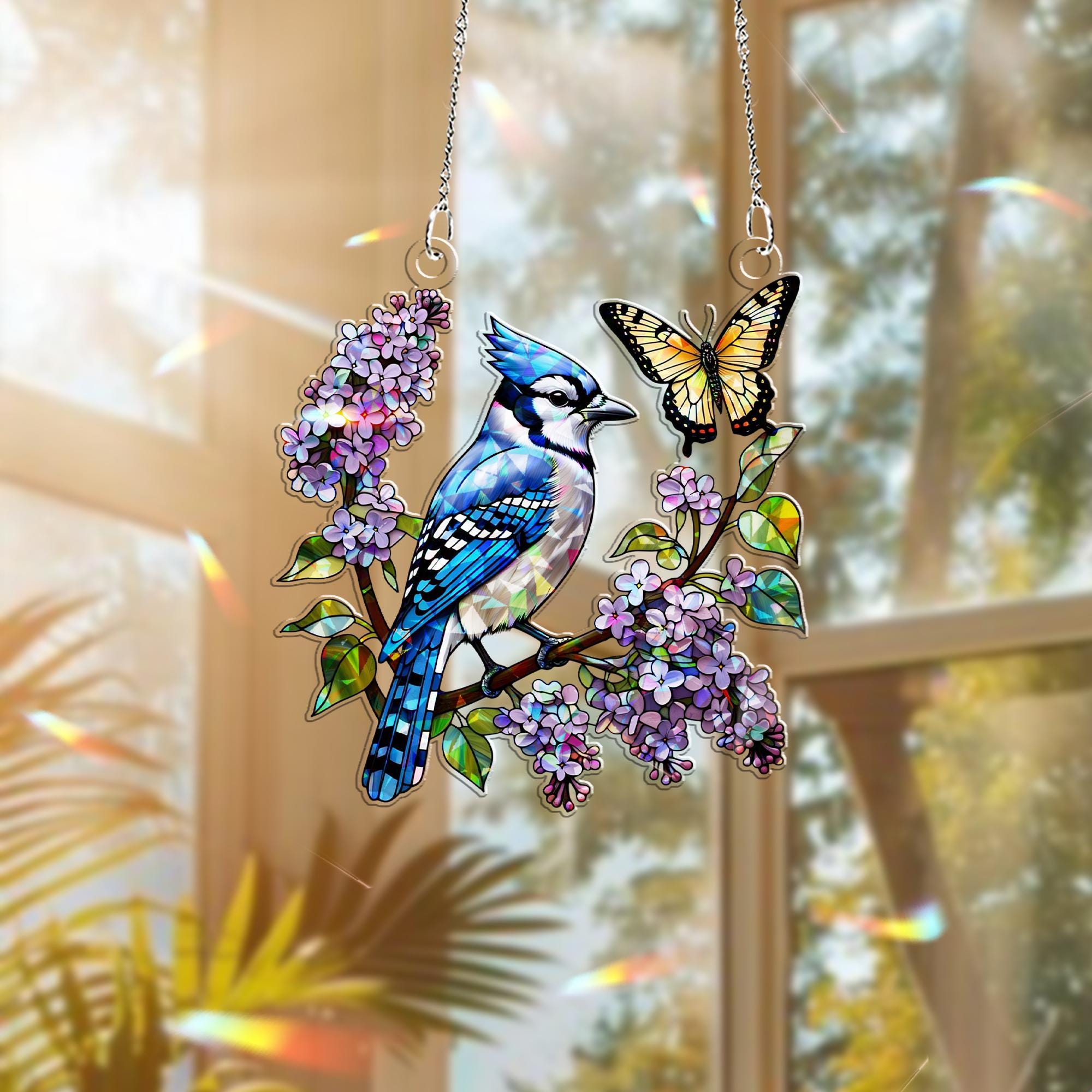 Jayblue bird with Lilacs & Butterfly Hologram Window Hanging – Floral Acrylic Decor – Mother’s Day Gift – Bird and Flower Lover Art